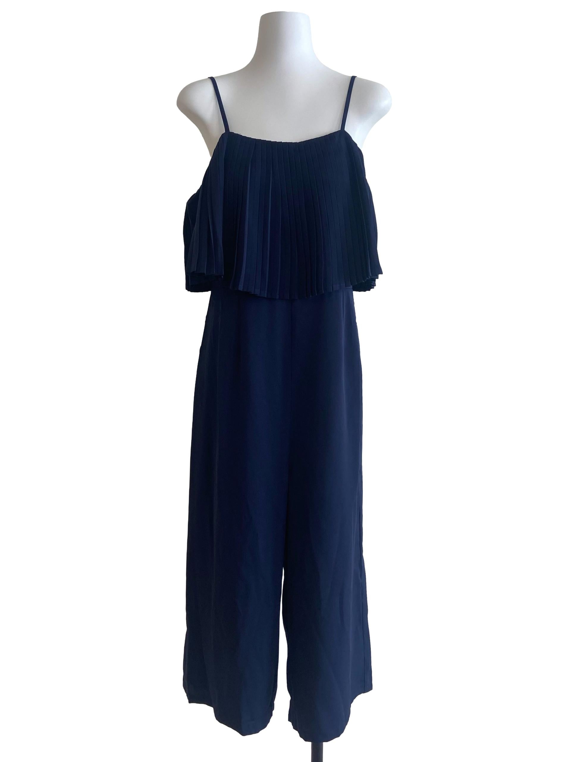 Navy Blue Spaghetti Straps Pleated Jumpsuit