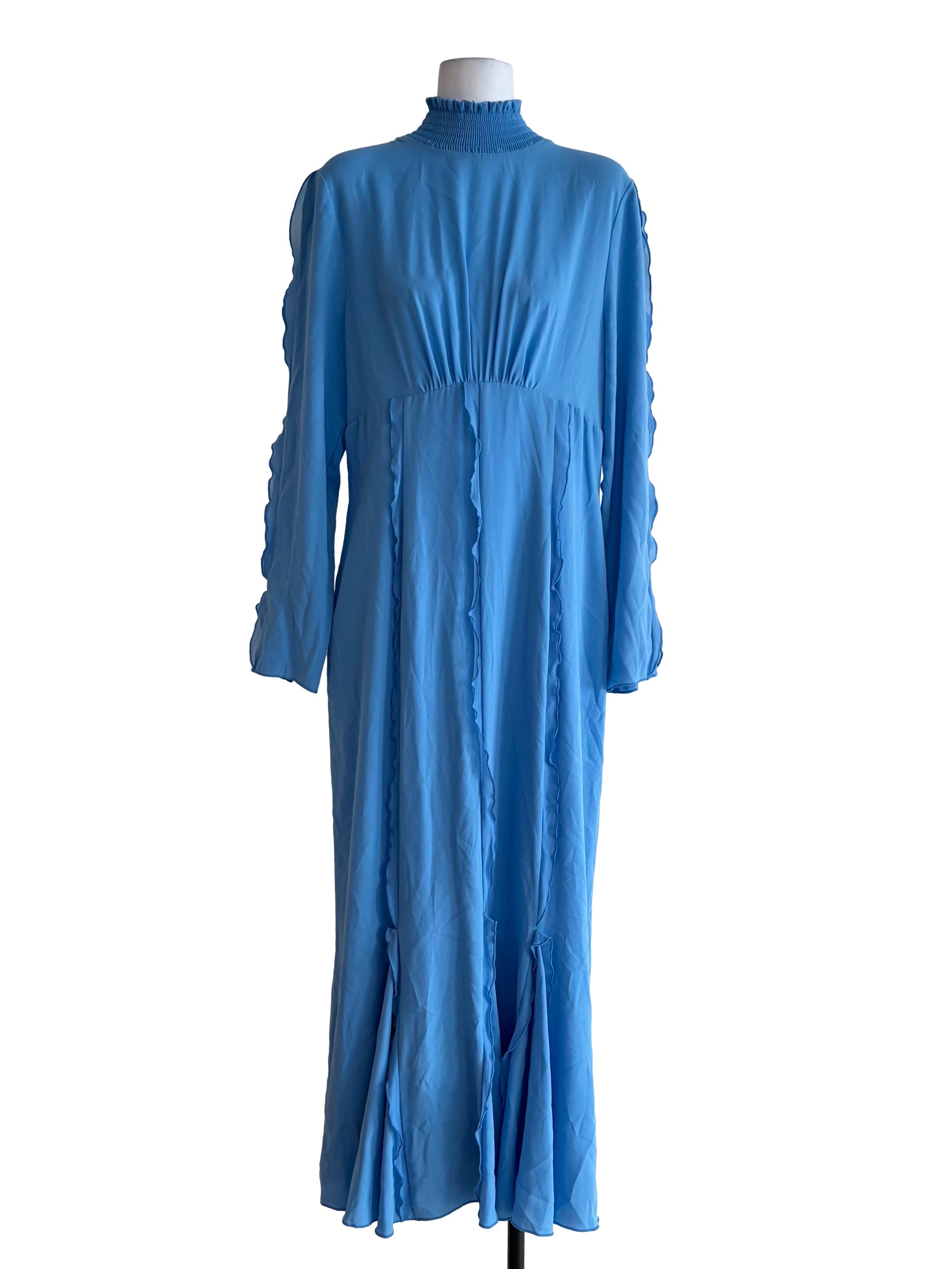 Sky Blue Smocked High Neck Long Sleeve Dress