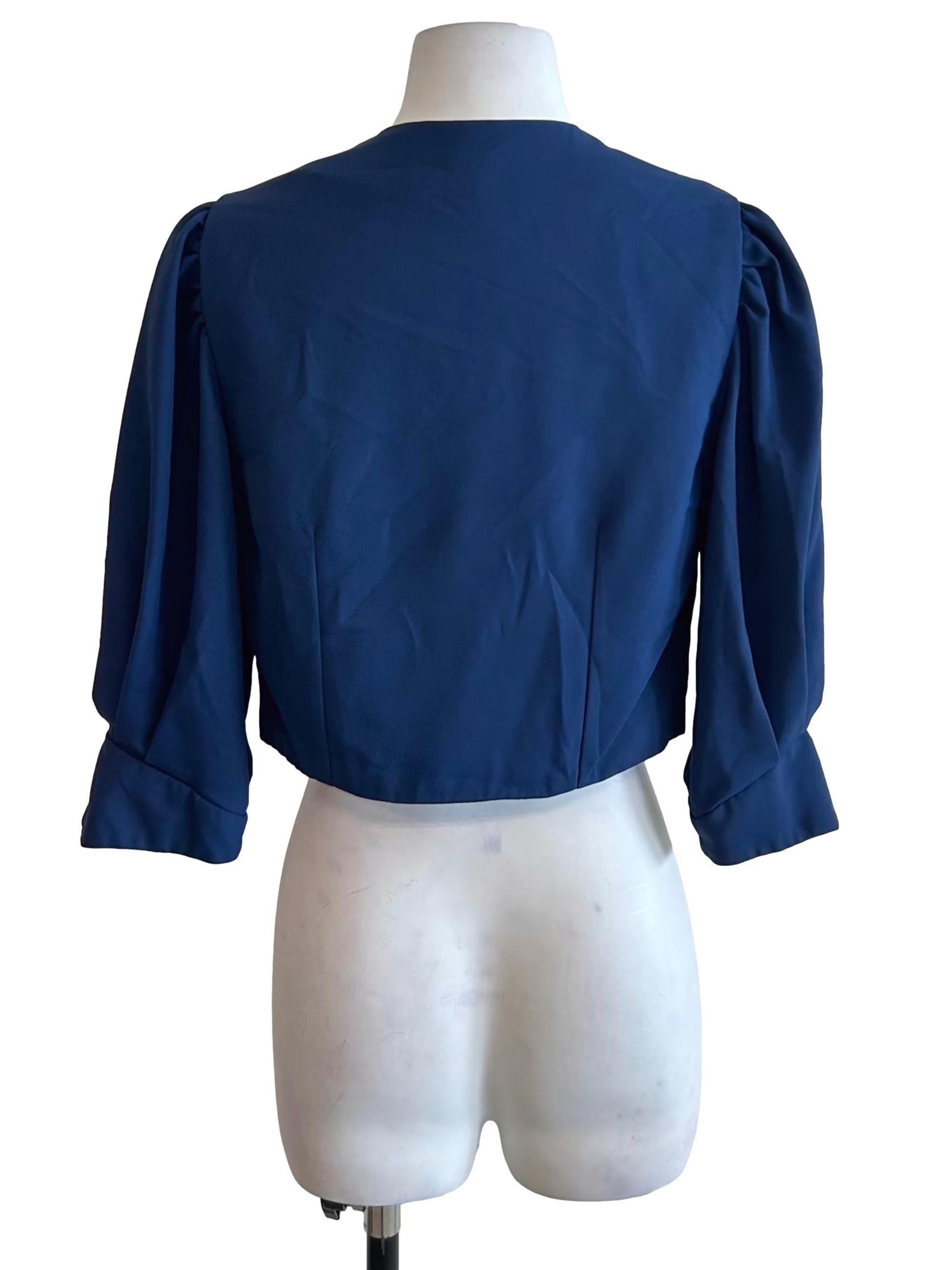 Navy V Neck Puff Sleeve Top