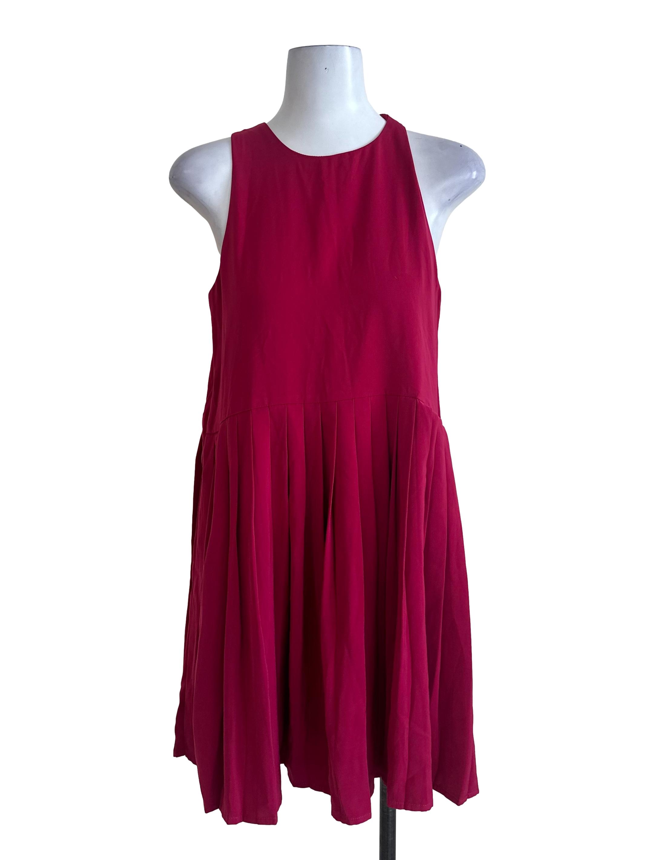 Fushia Pink Round Neck Pleated Dress