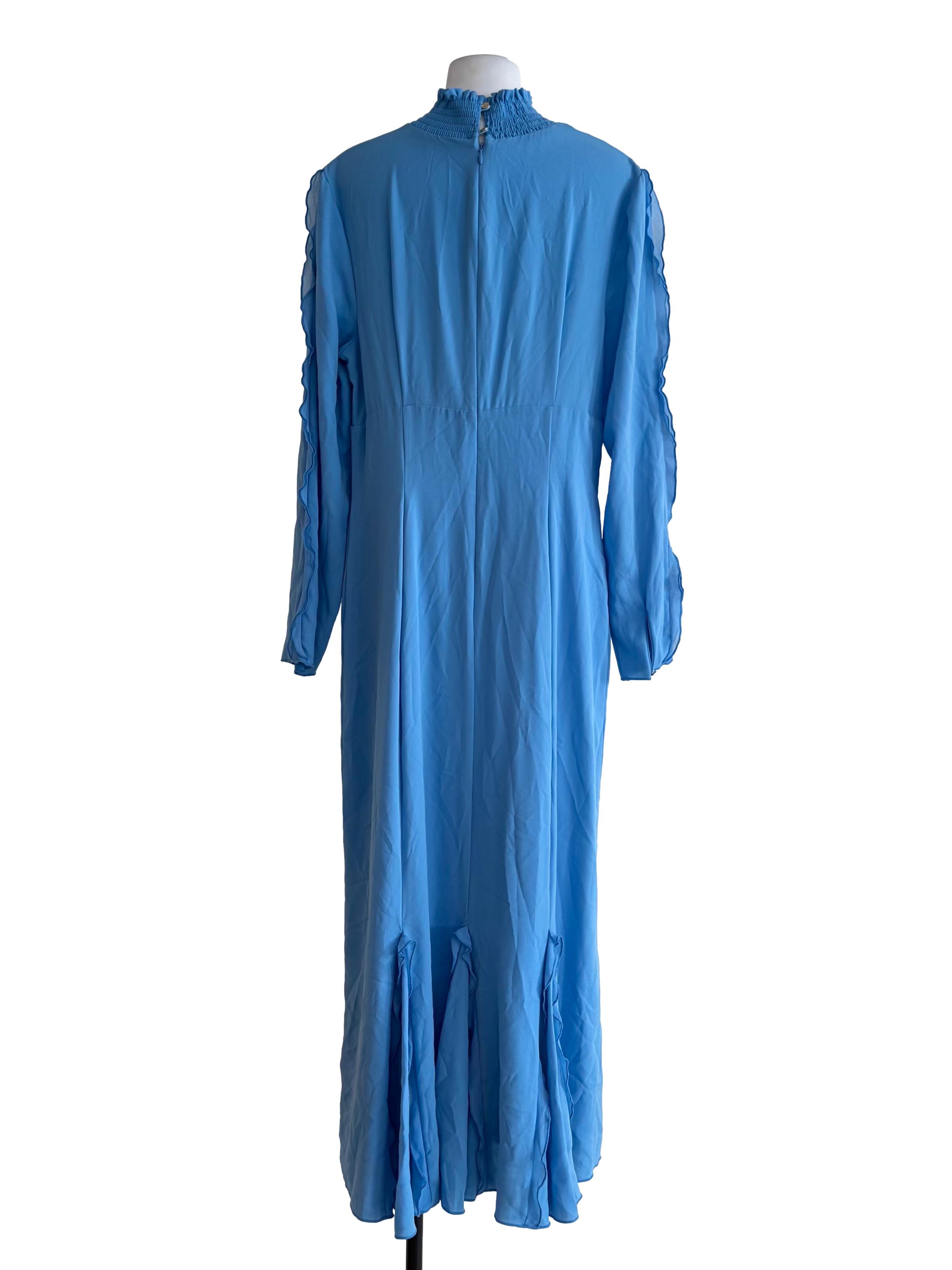 Sky Blue Smocked High Neck Long Sleeve Dress