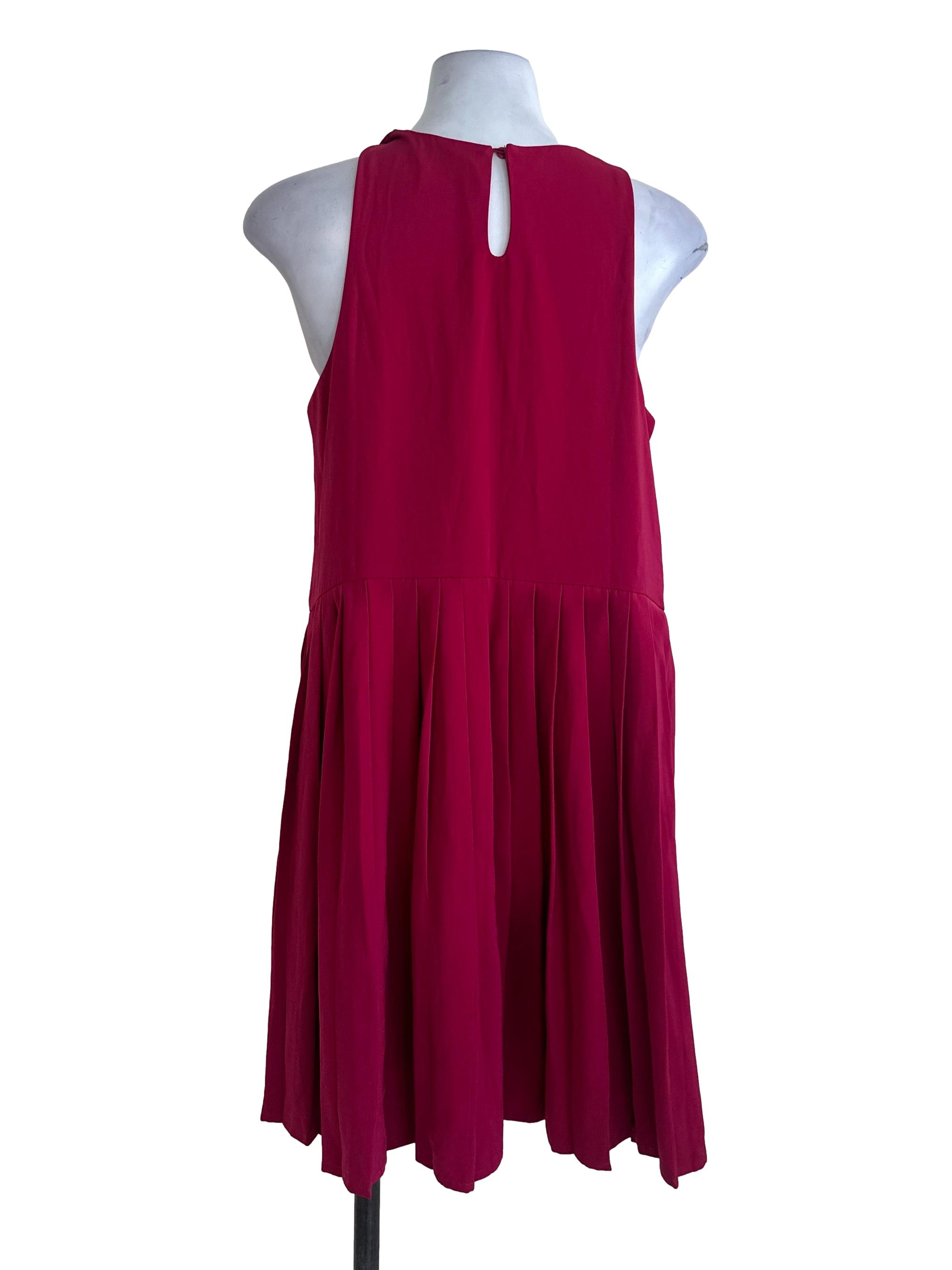 Fushia Pink Round Neck Pleated Dress