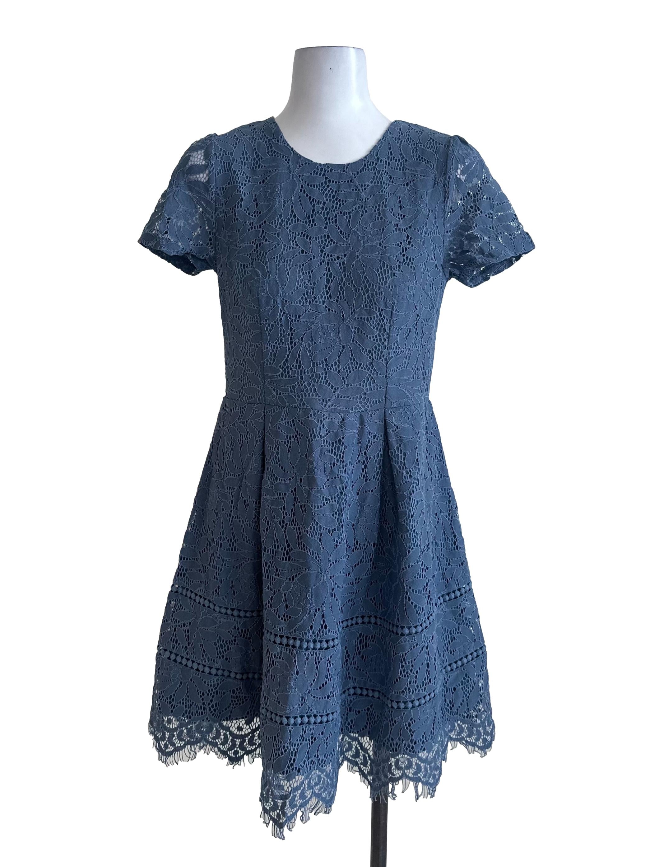 Slate Blue Lace Round Neck A Line Dress
