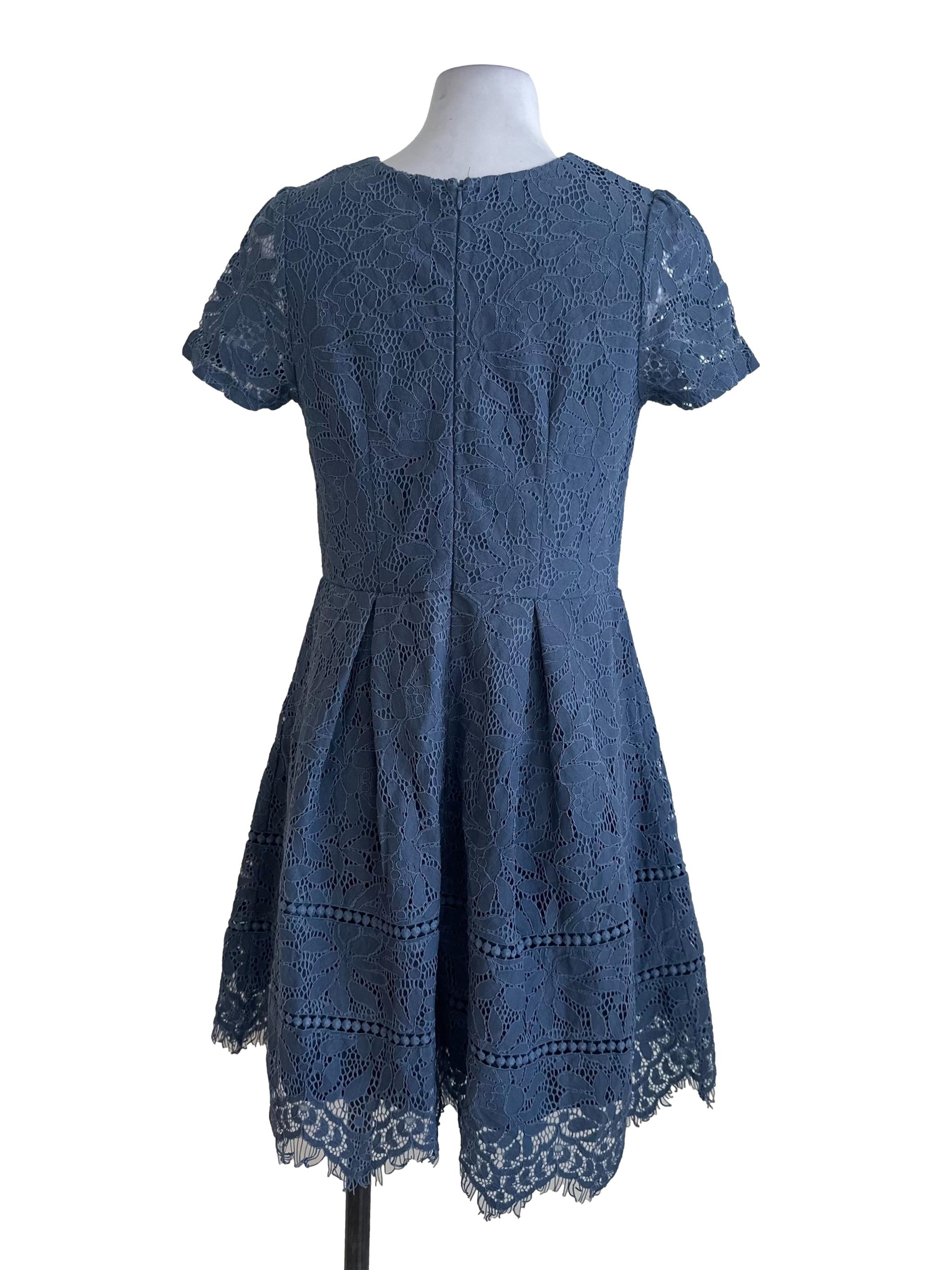 Slate Blue Lace Round Neck A Line Dress