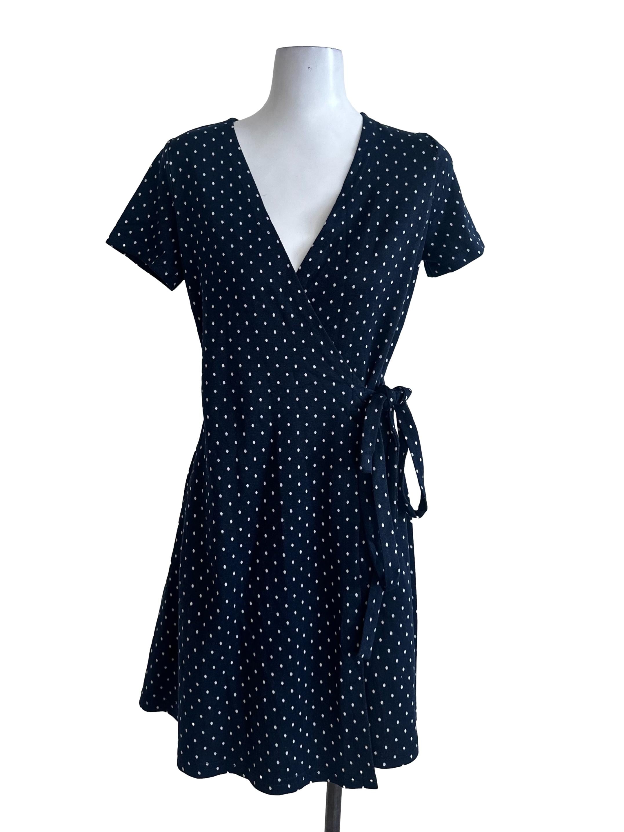 Dark Blue Polkadot V Neck Wrap Dress