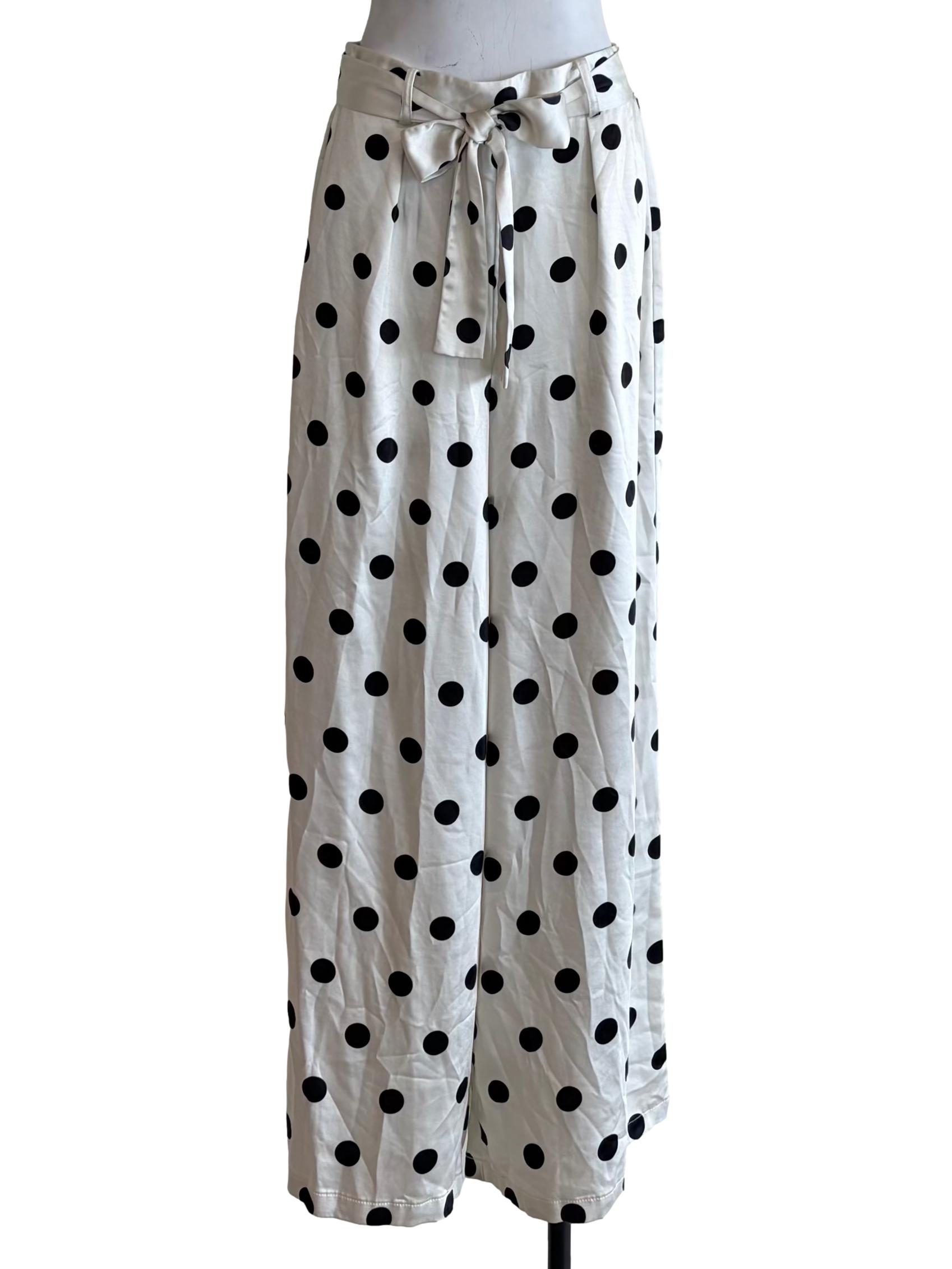 Pearl White Black Polkadots Wide Pants