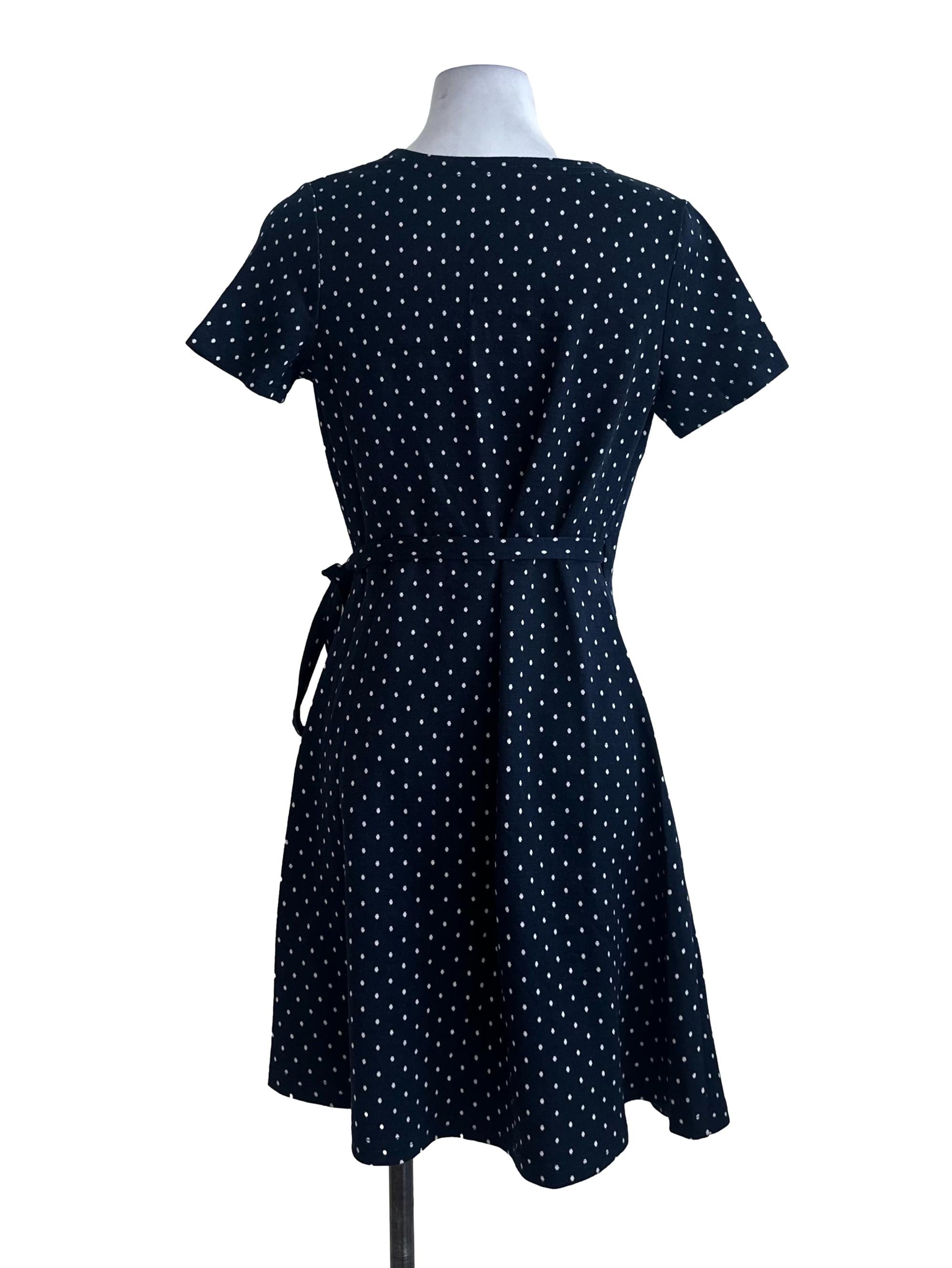 Dark Blue Polkadot V Neck Wrap Dress