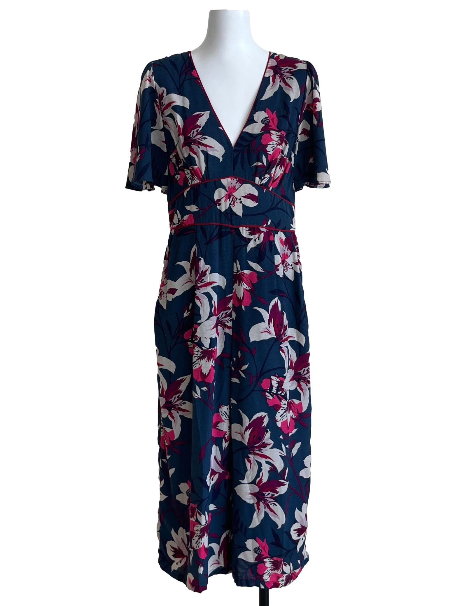 Navy Blue Floral V-Neckline Jumpsuit