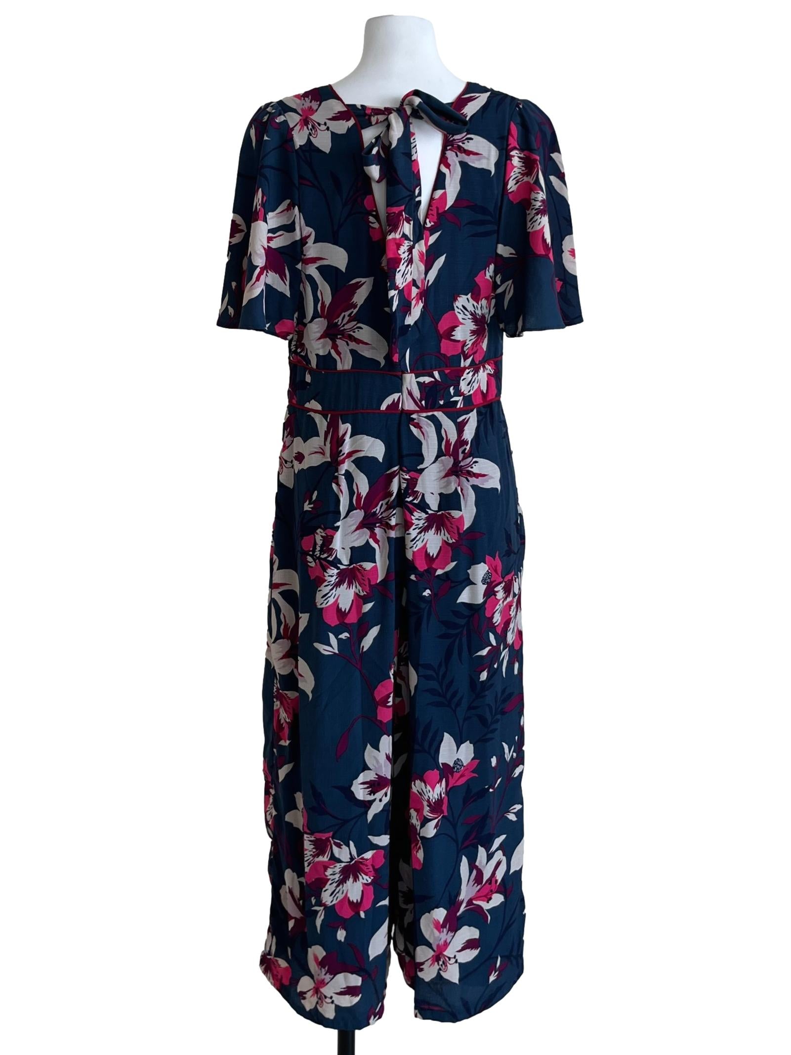 Navy Blue Floral V-Neckline Jumpsuit