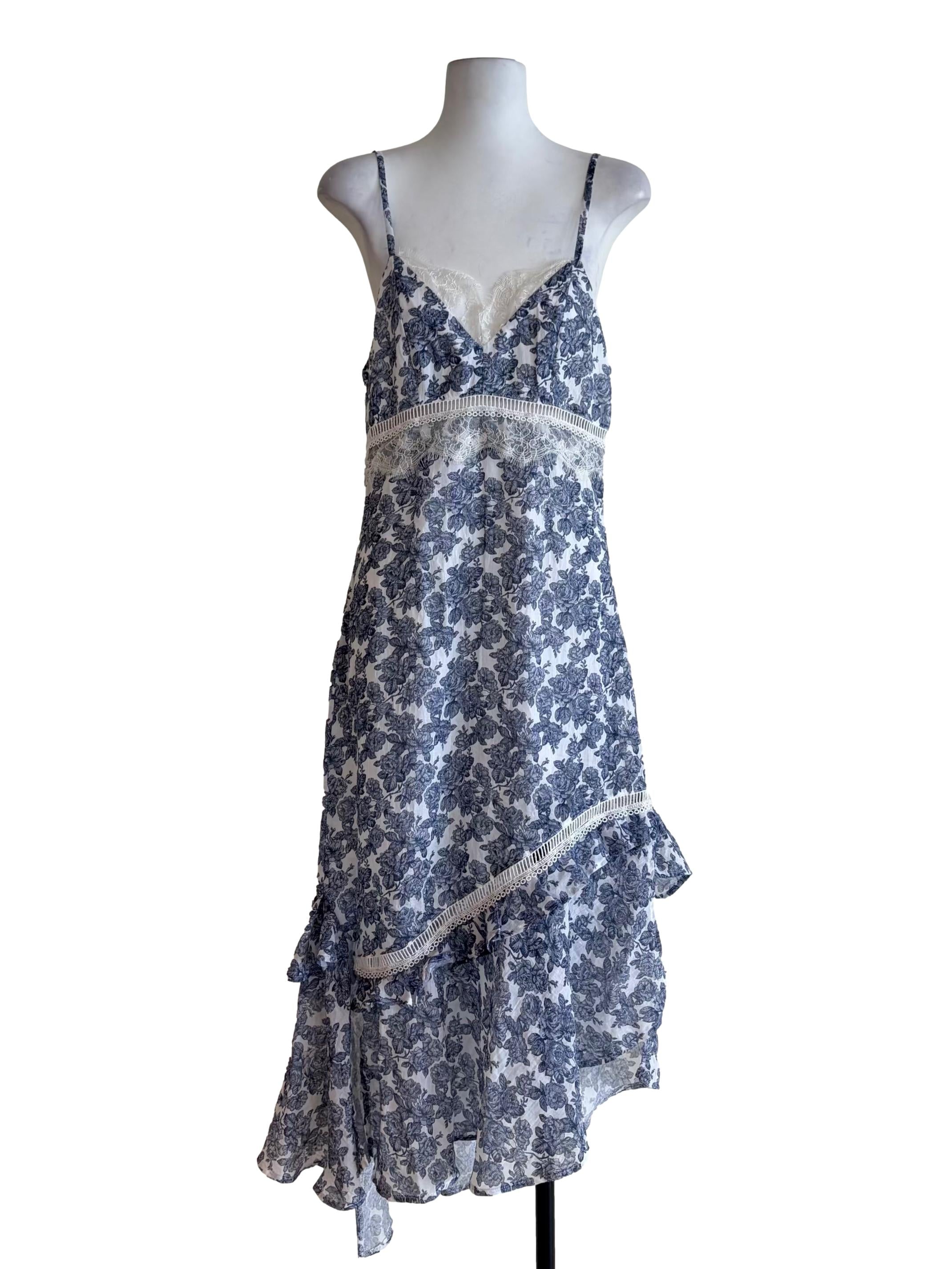 Daisy White Blue Floral Lace Trim Asymmetric Dress