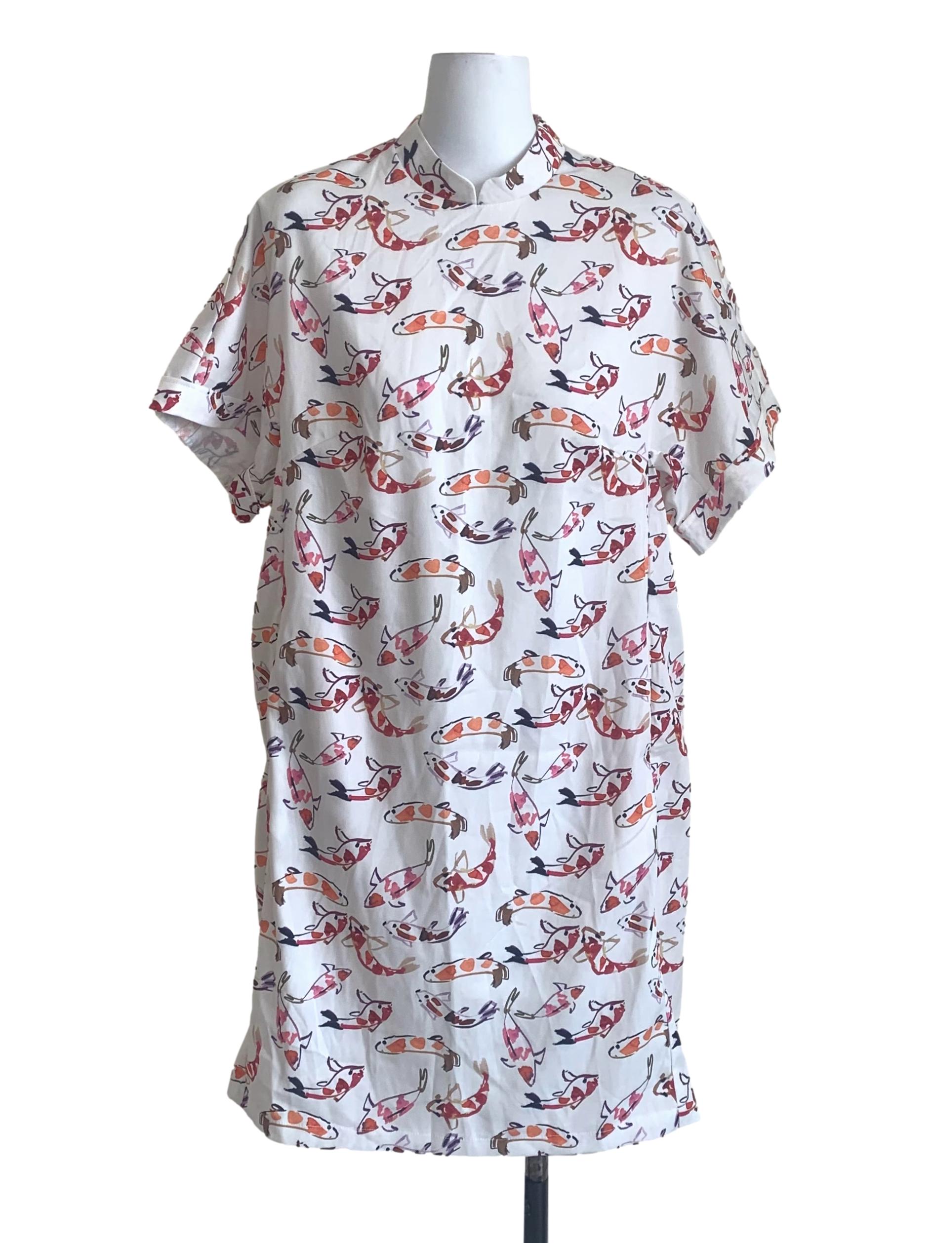 Cotton White Pattern High Neck Dress