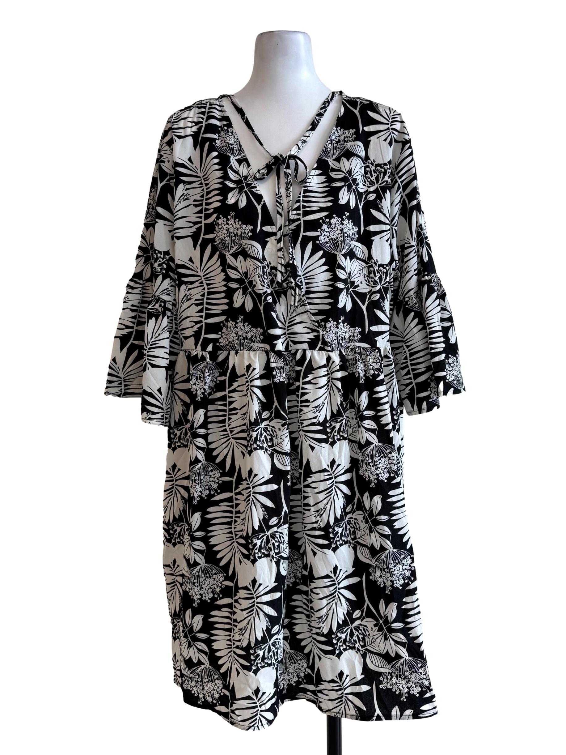 Black With White Prints V Neck Dress
