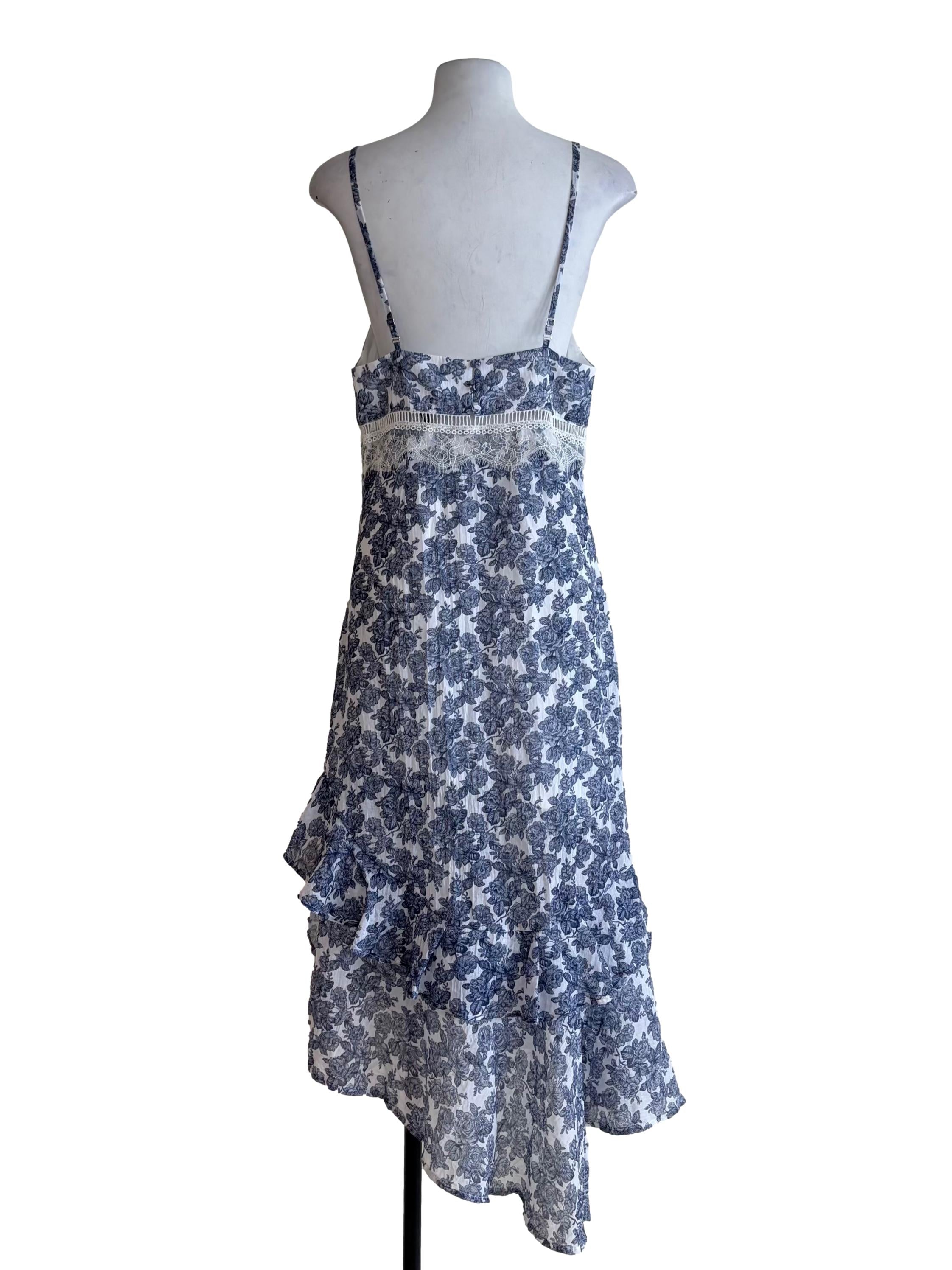 Daisy White Blue Floral Lace Trim Asymmetric Dress