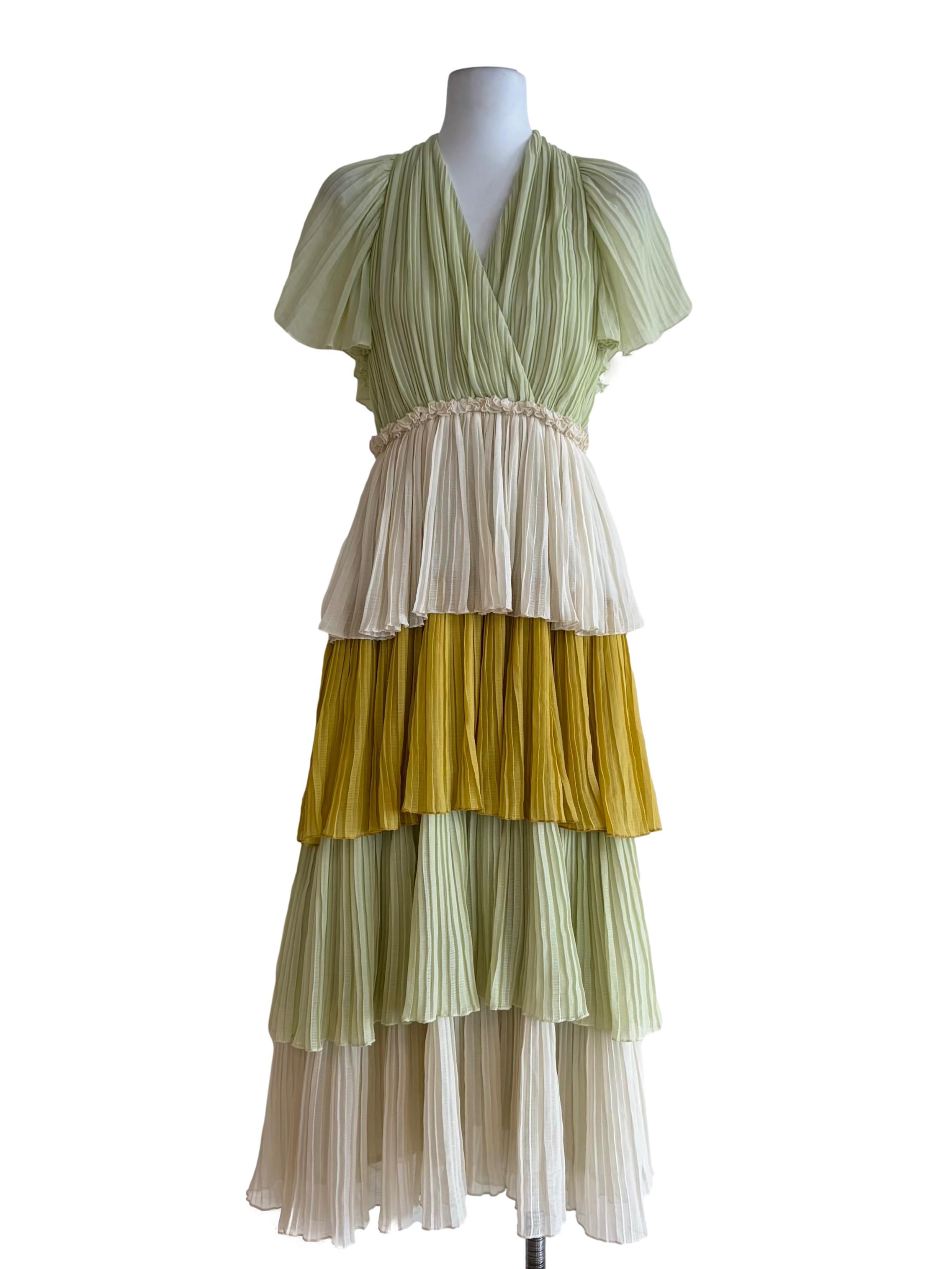 Chartreuse Green Tiered Pleated Sleeveless Dress