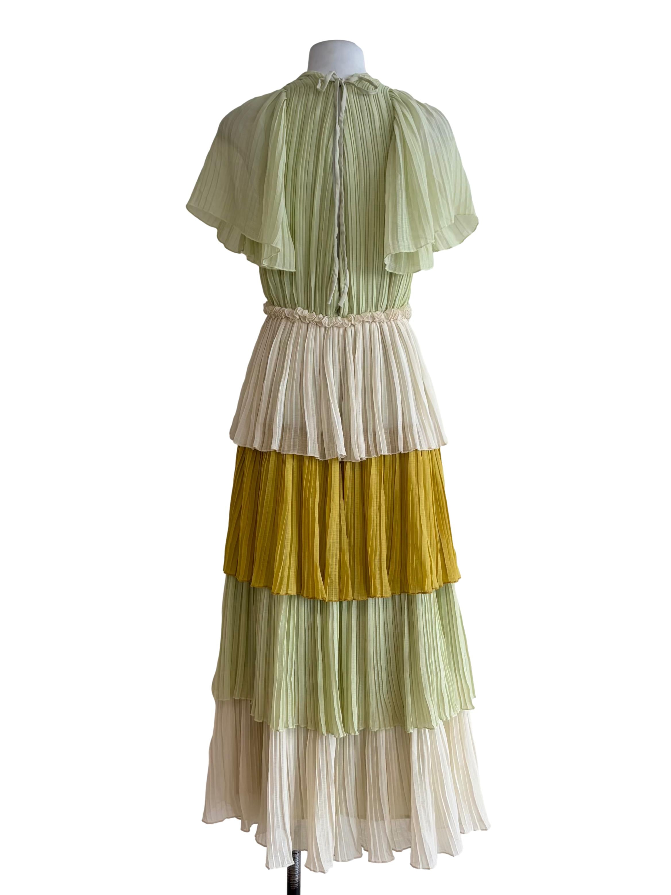Chartreuse Green Tiered Pleated Sleeveless Dress