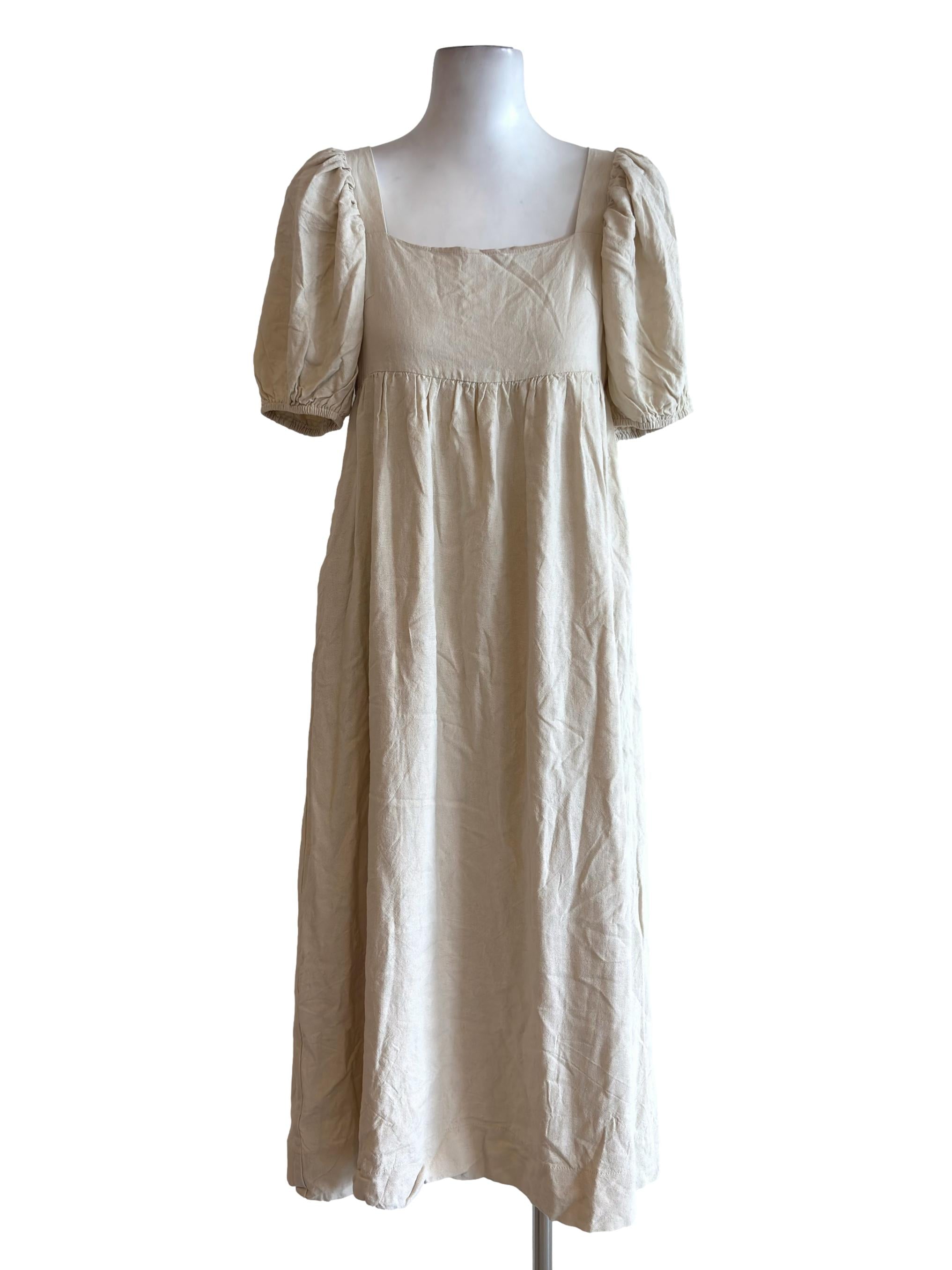Beige Square Neck Puff Sleeve Midi Dress