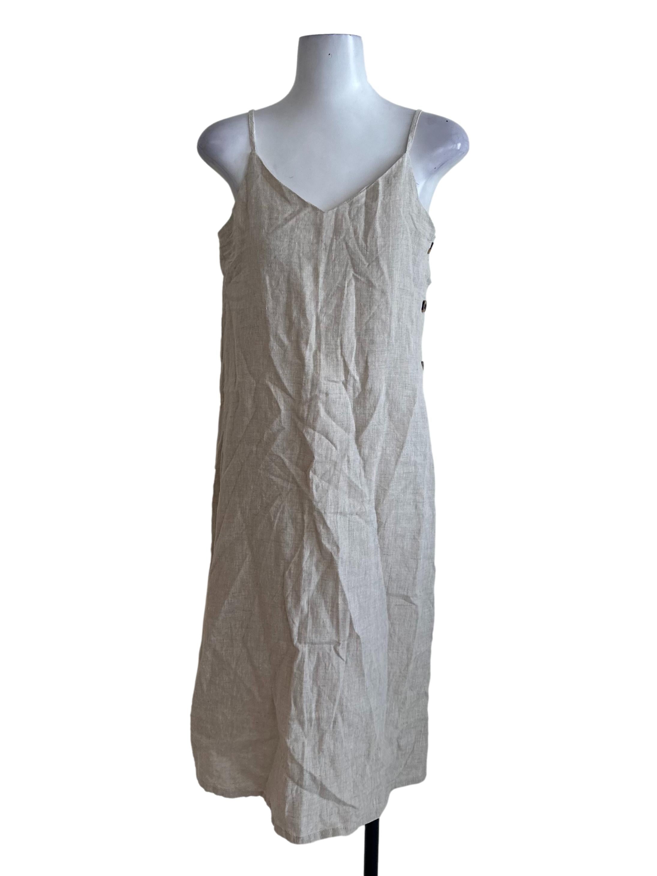 Oat Beige V Neck Side Button Dress