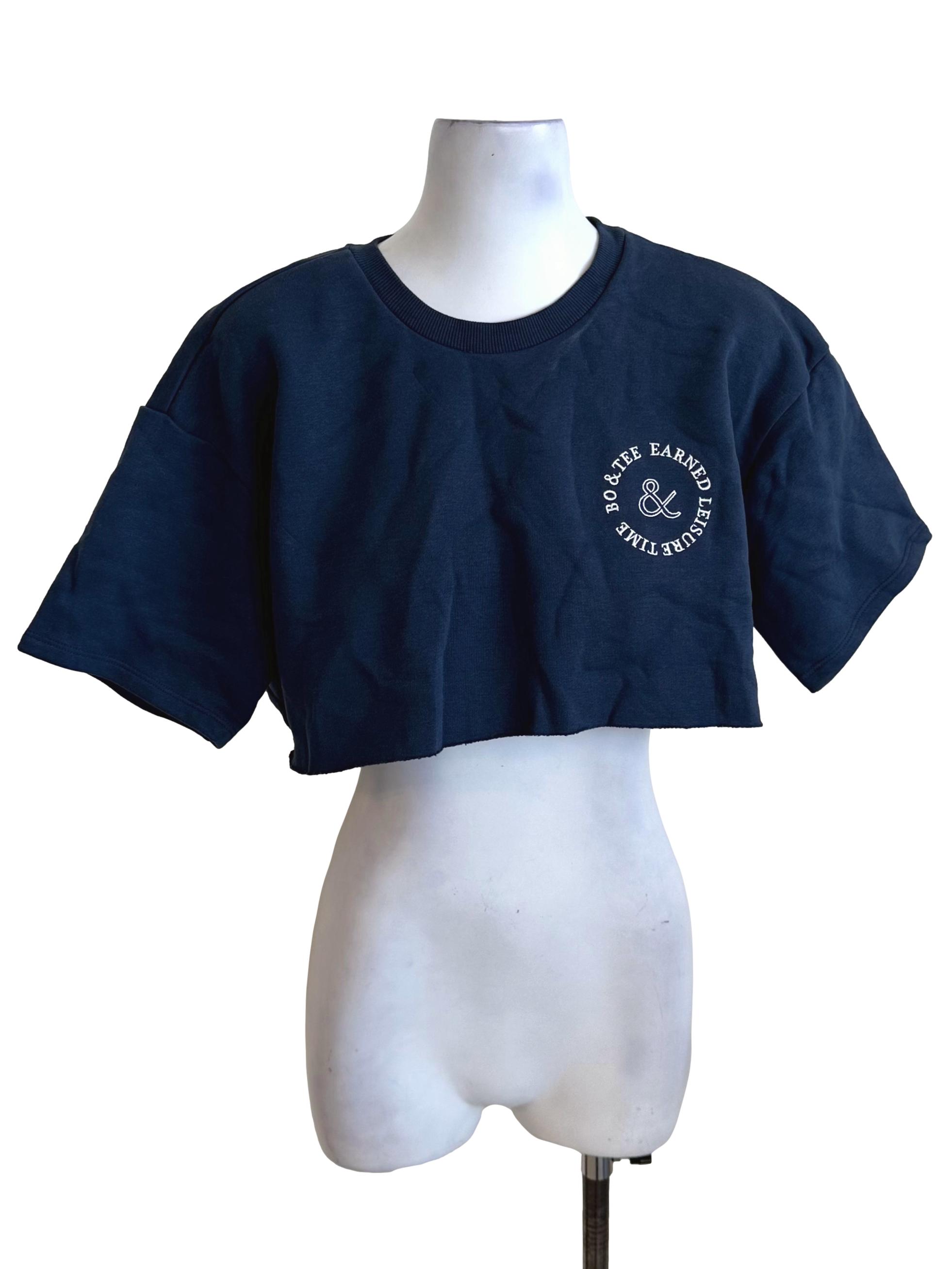 Navy Blue Round Neck Graphic Embroidery Crop Tee Top