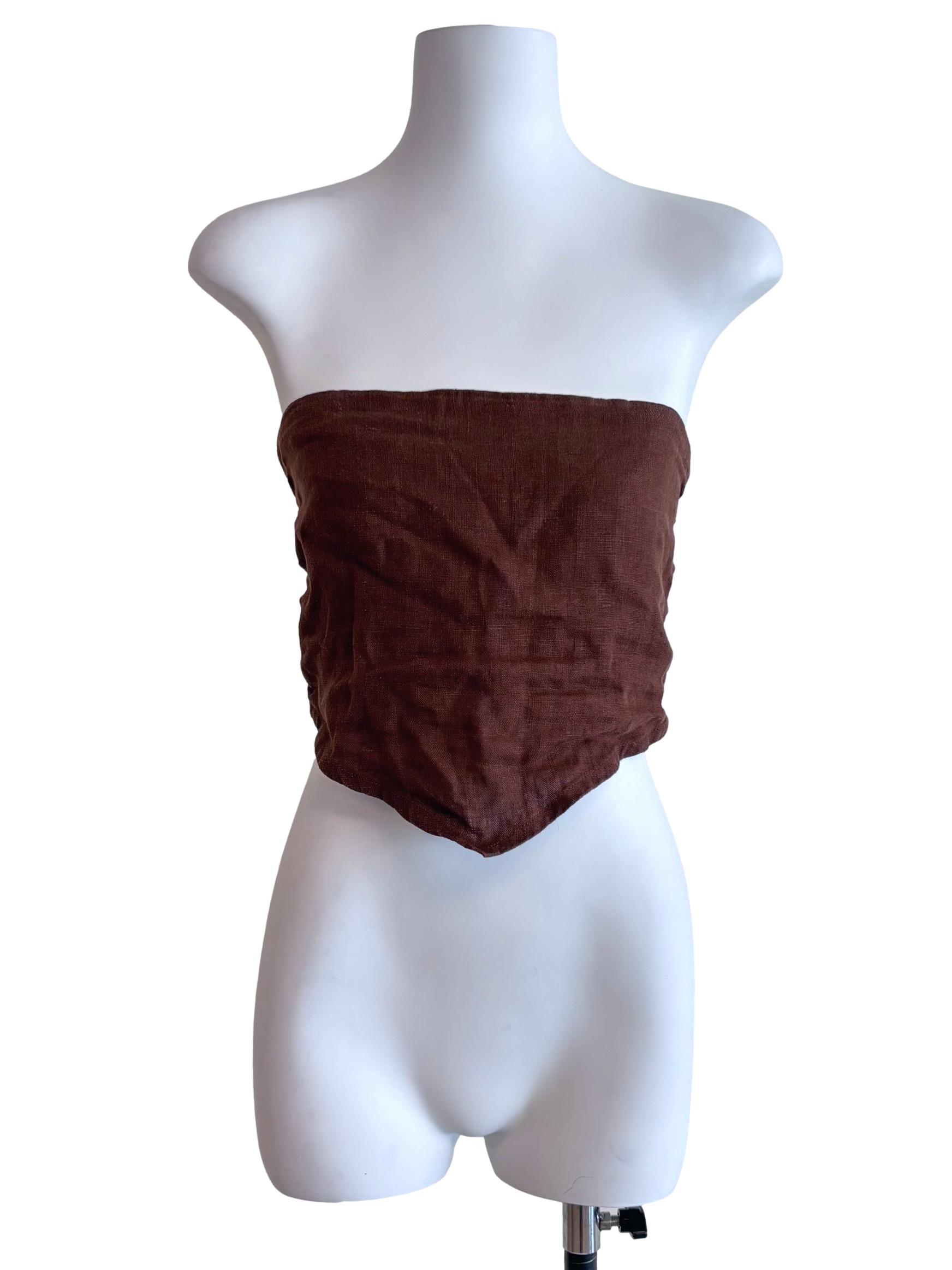 Brown Strapless Cropped Linen Top