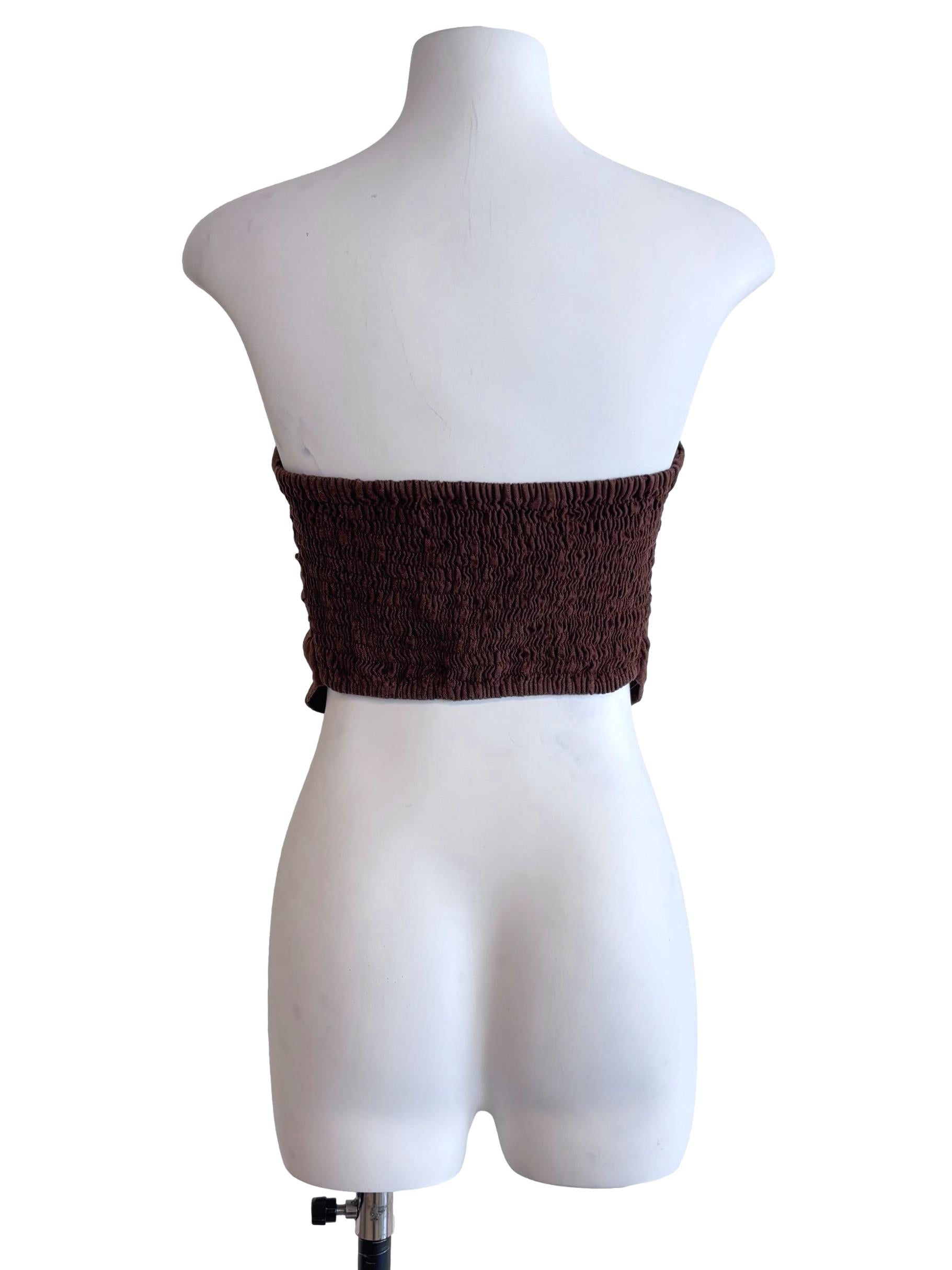 Brown Strapless Cropped Linen Top