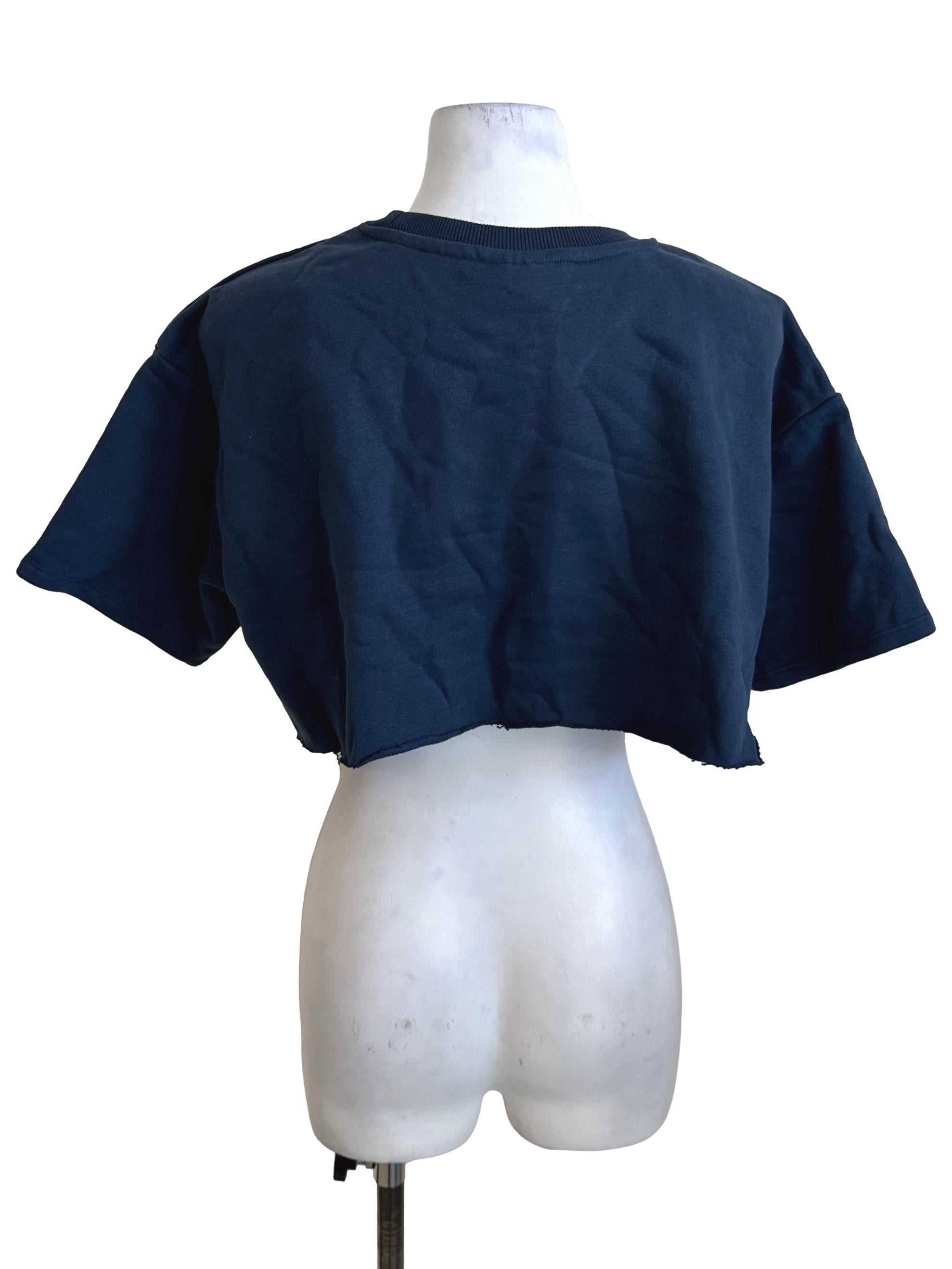 Navy Blue Round Neck Graphic Embroidery Crop Tee Top
