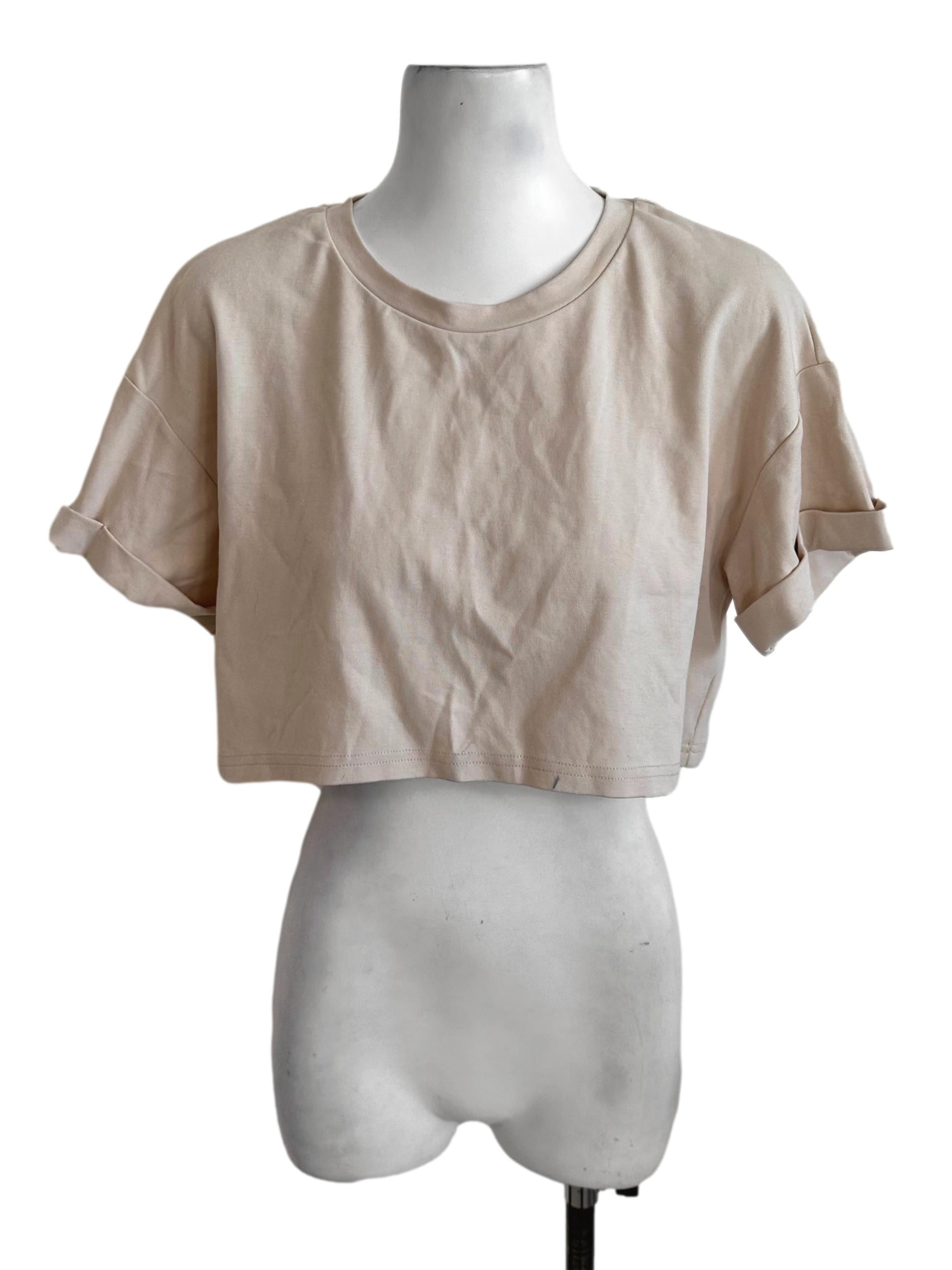 Sand Beige Round Neck Crop Tee Top