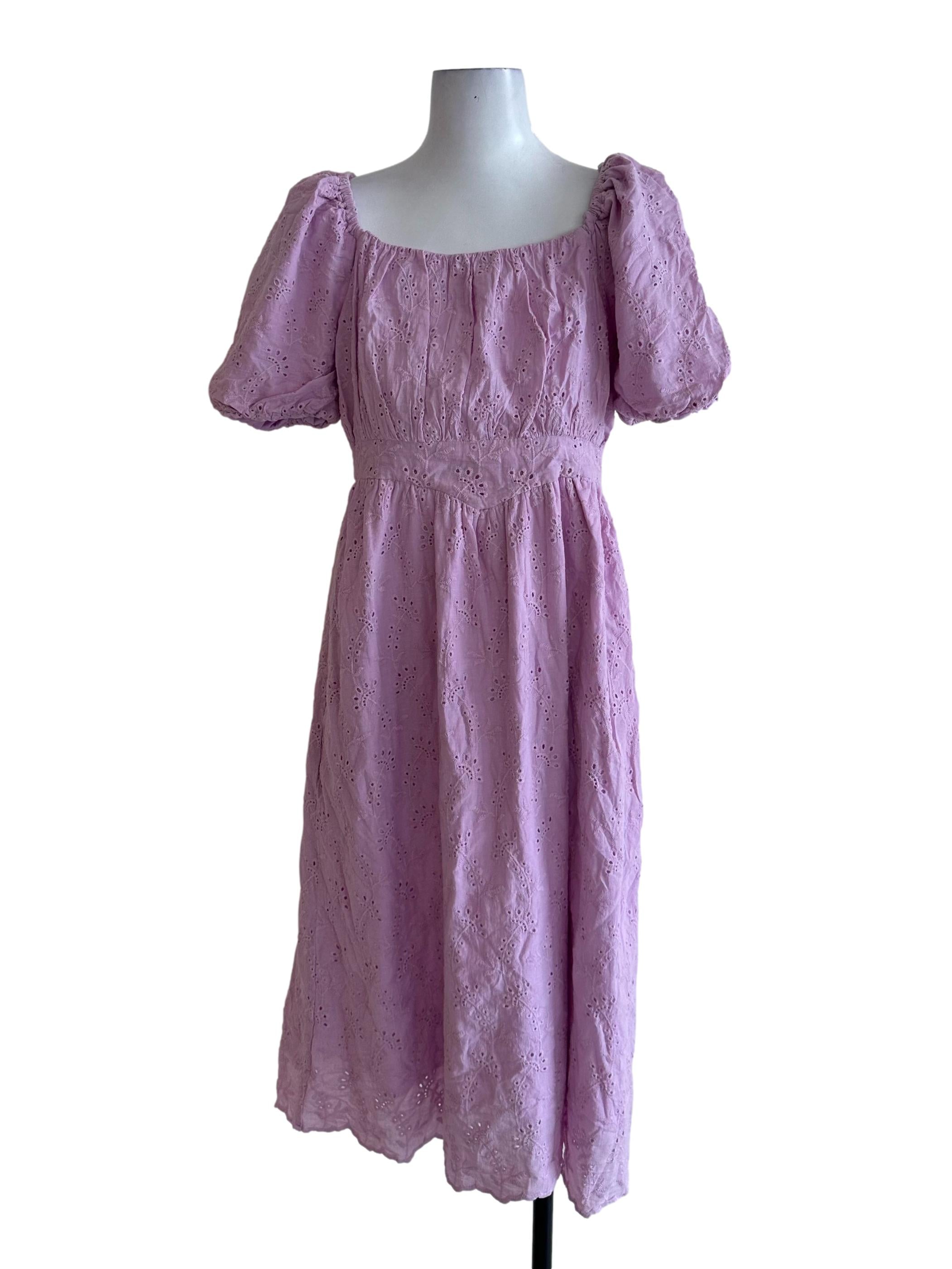 Lavender Purple Eyelet Embroidered Puff Sleeve Dress