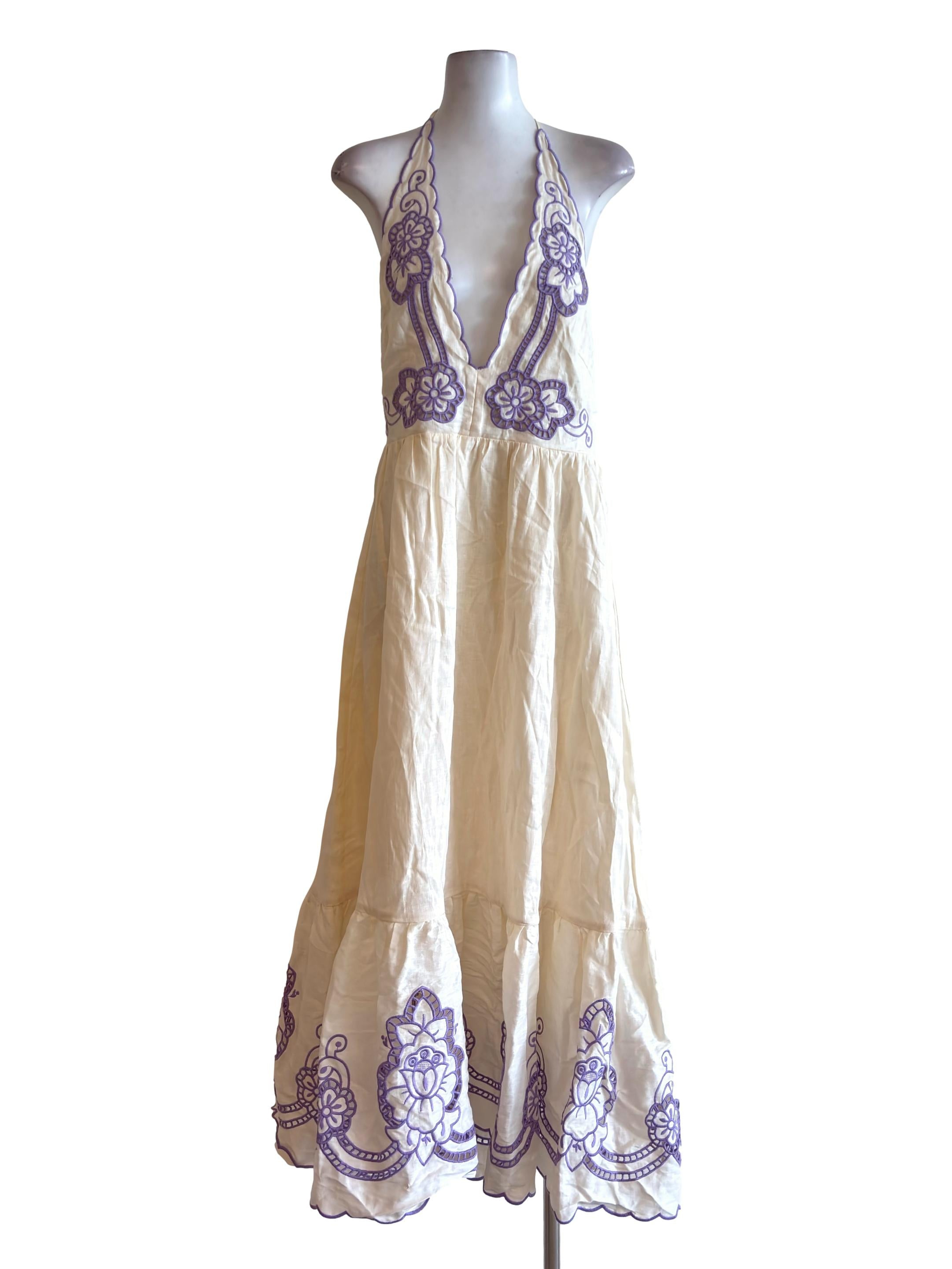 Cream Purple Embroidered Detail Deep V Halter Dress