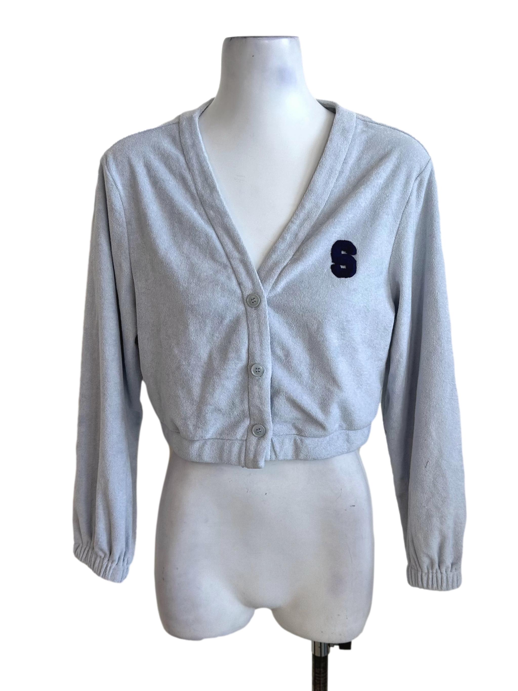 Light Blue V Neck Graphic Button Cardigan