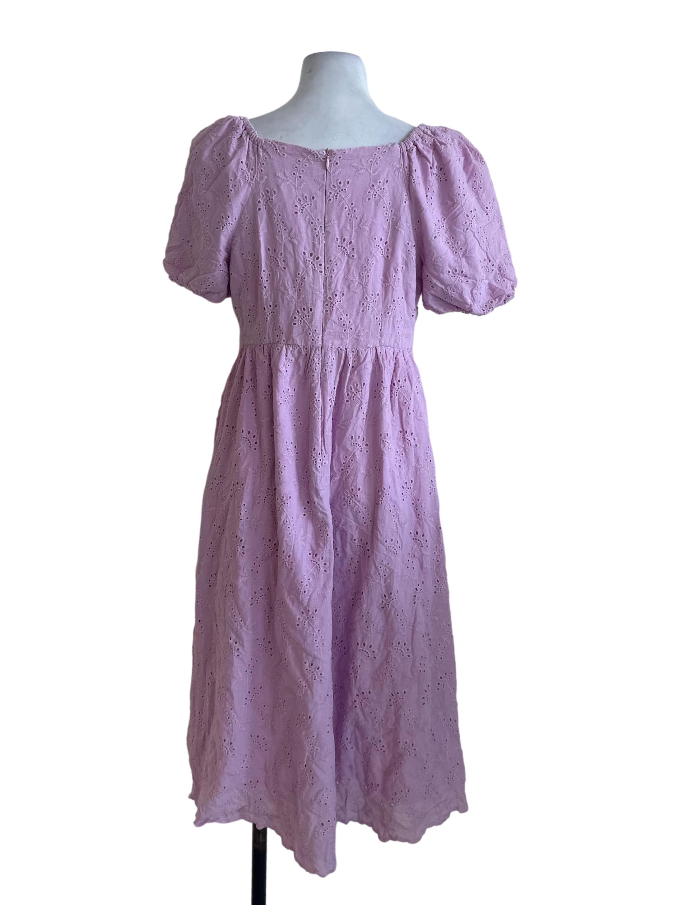 Lavender Purple Eyelet Embroidered Puff Sleeve Dress