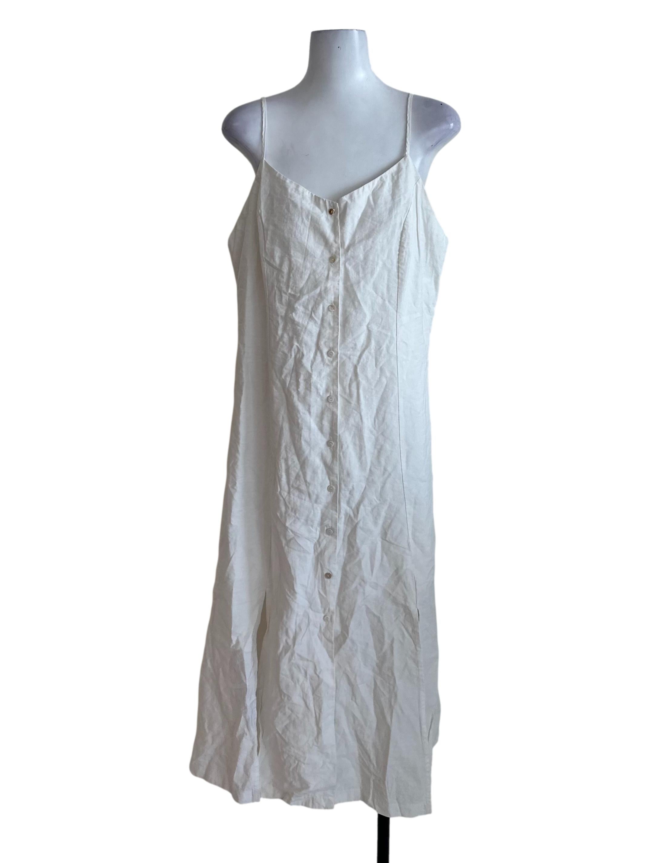 Ivory White V Neck Spaghetti Strap Button Dress