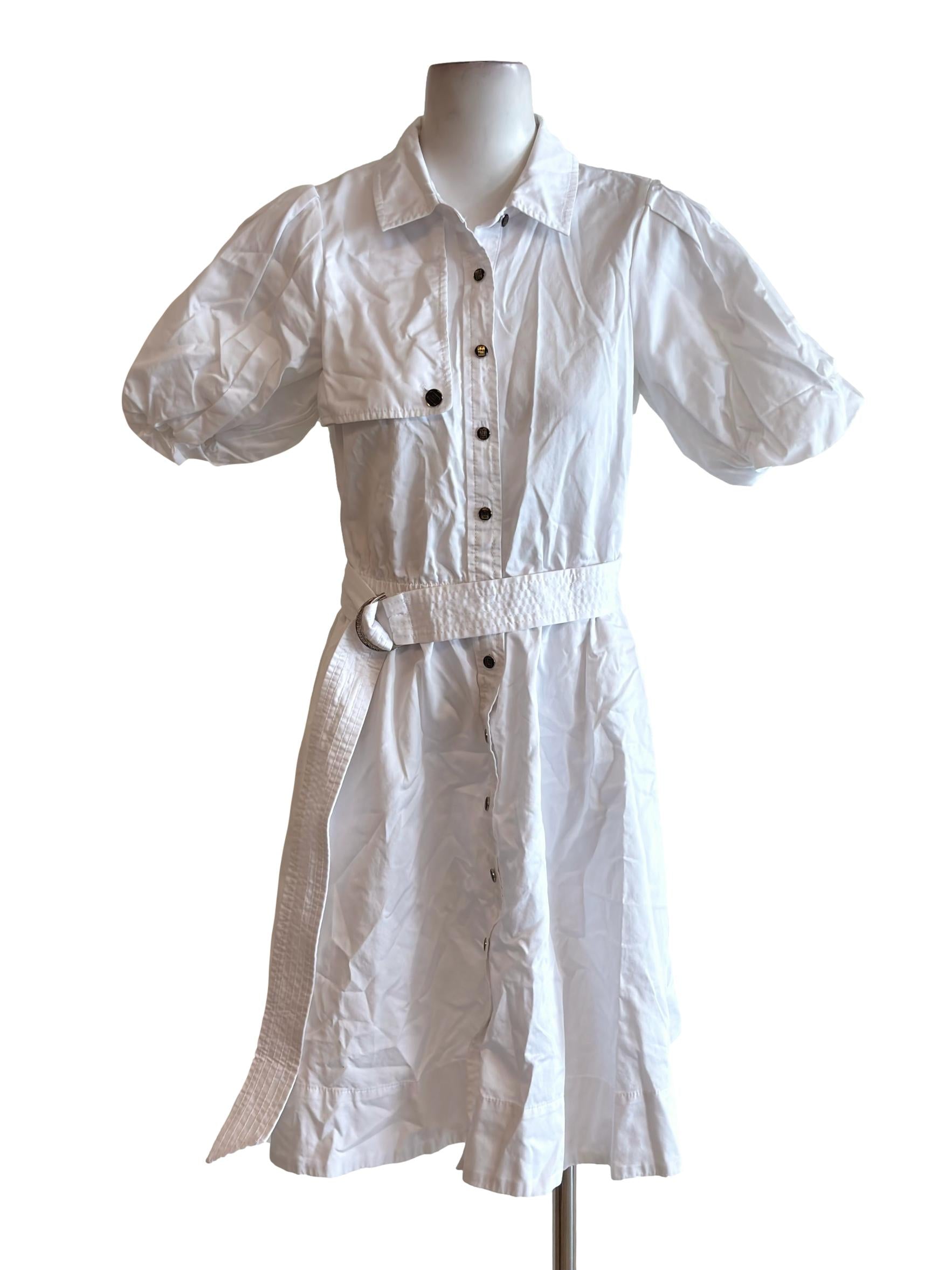 Daisy White Button Front Belted Dress