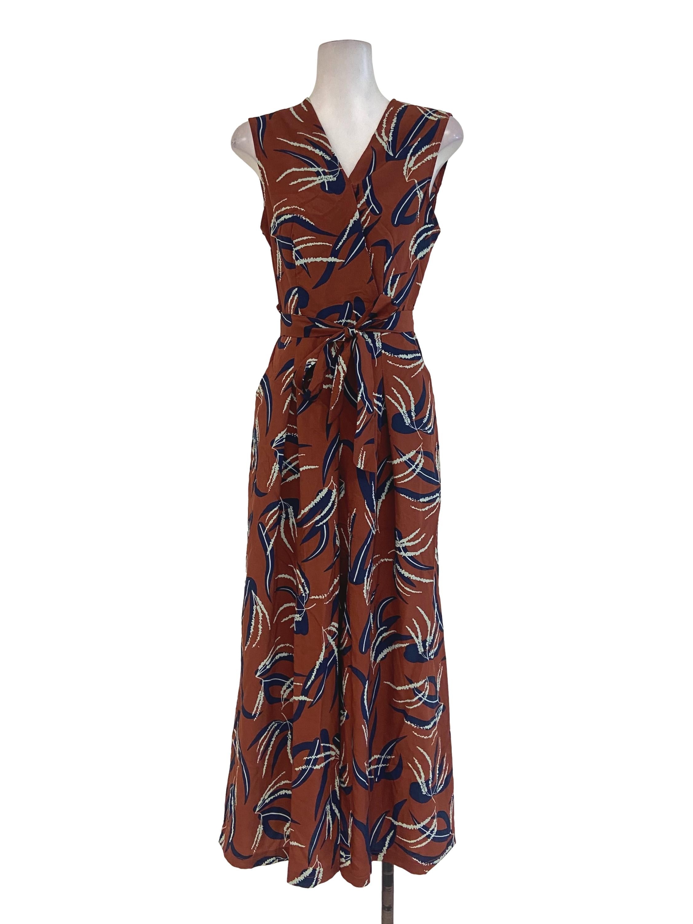 Tawny Brown Floral Jewel Neck Jumpsuit