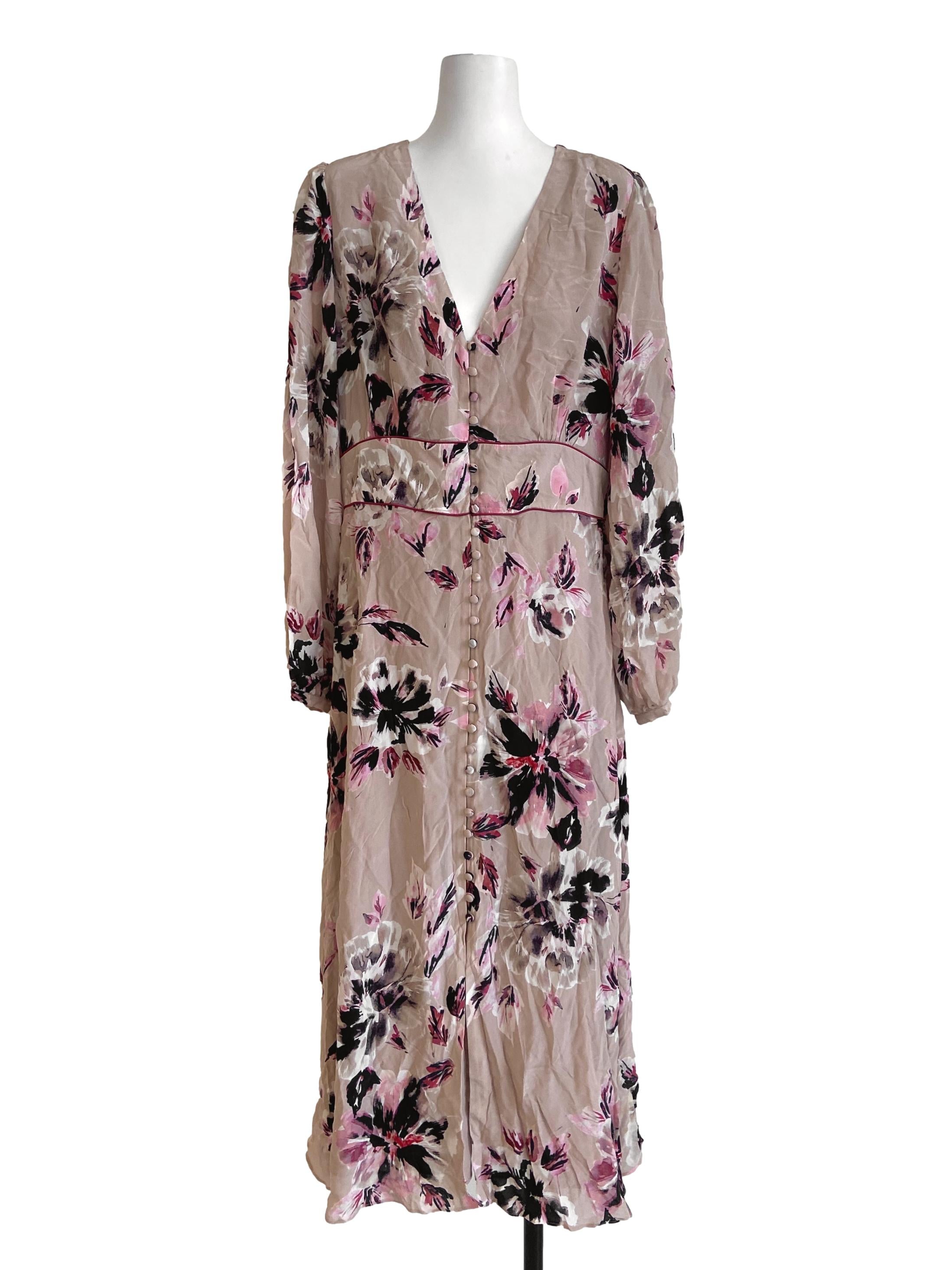 Linen Floral V Neck Button Down Dress