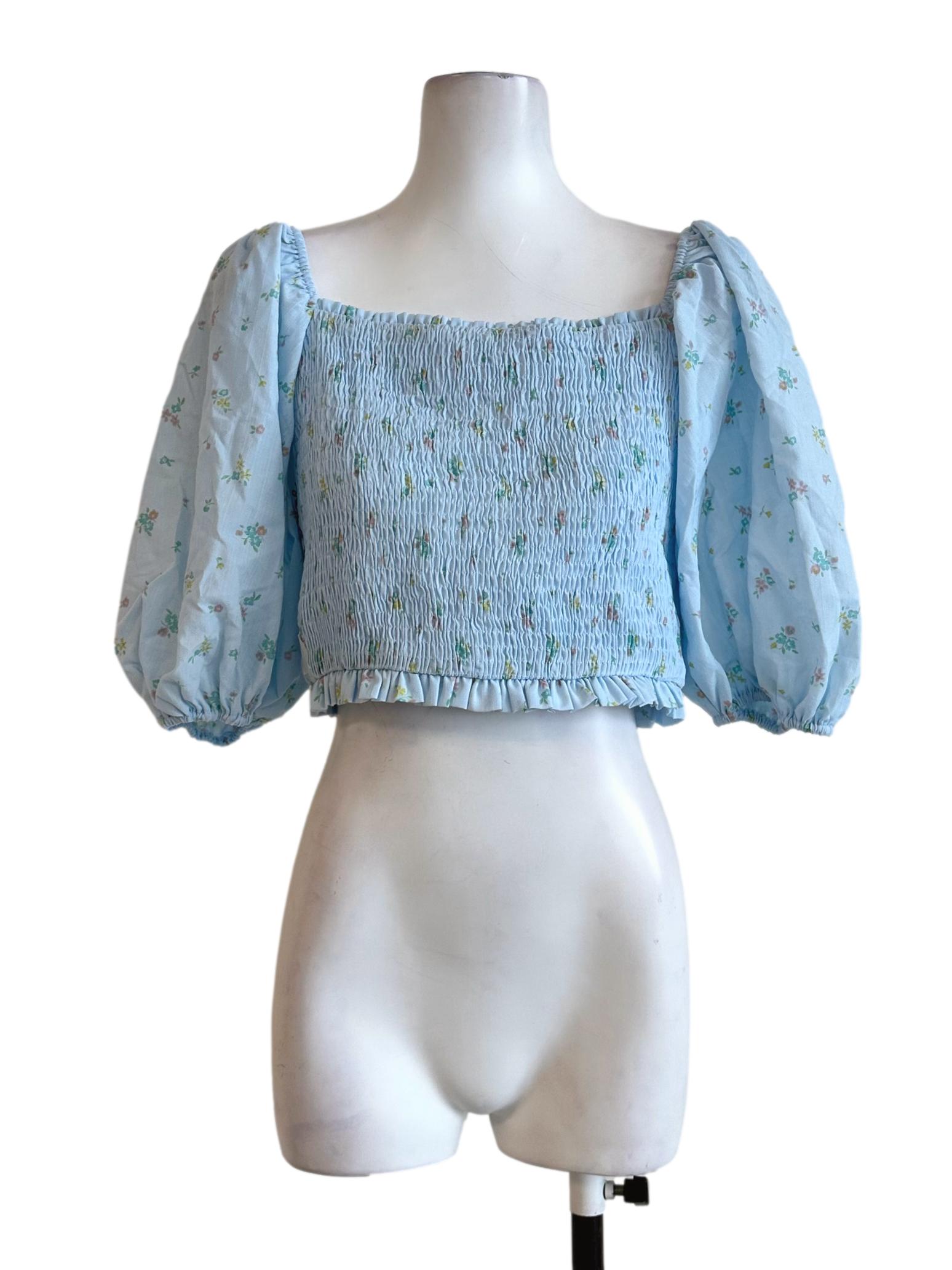 Sky Blue Flower Pattern Shirred Crop Top