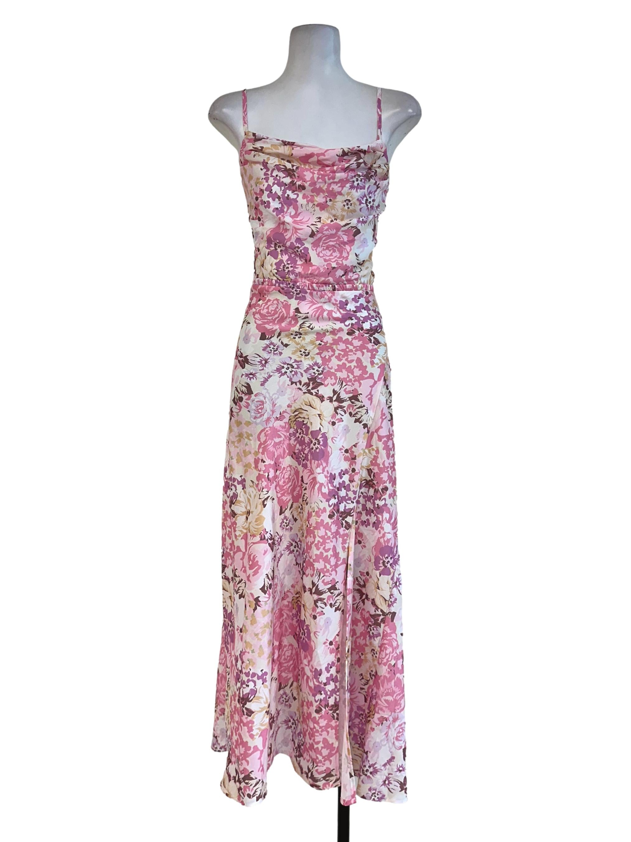 Pink Floral Pattern Slit Dress