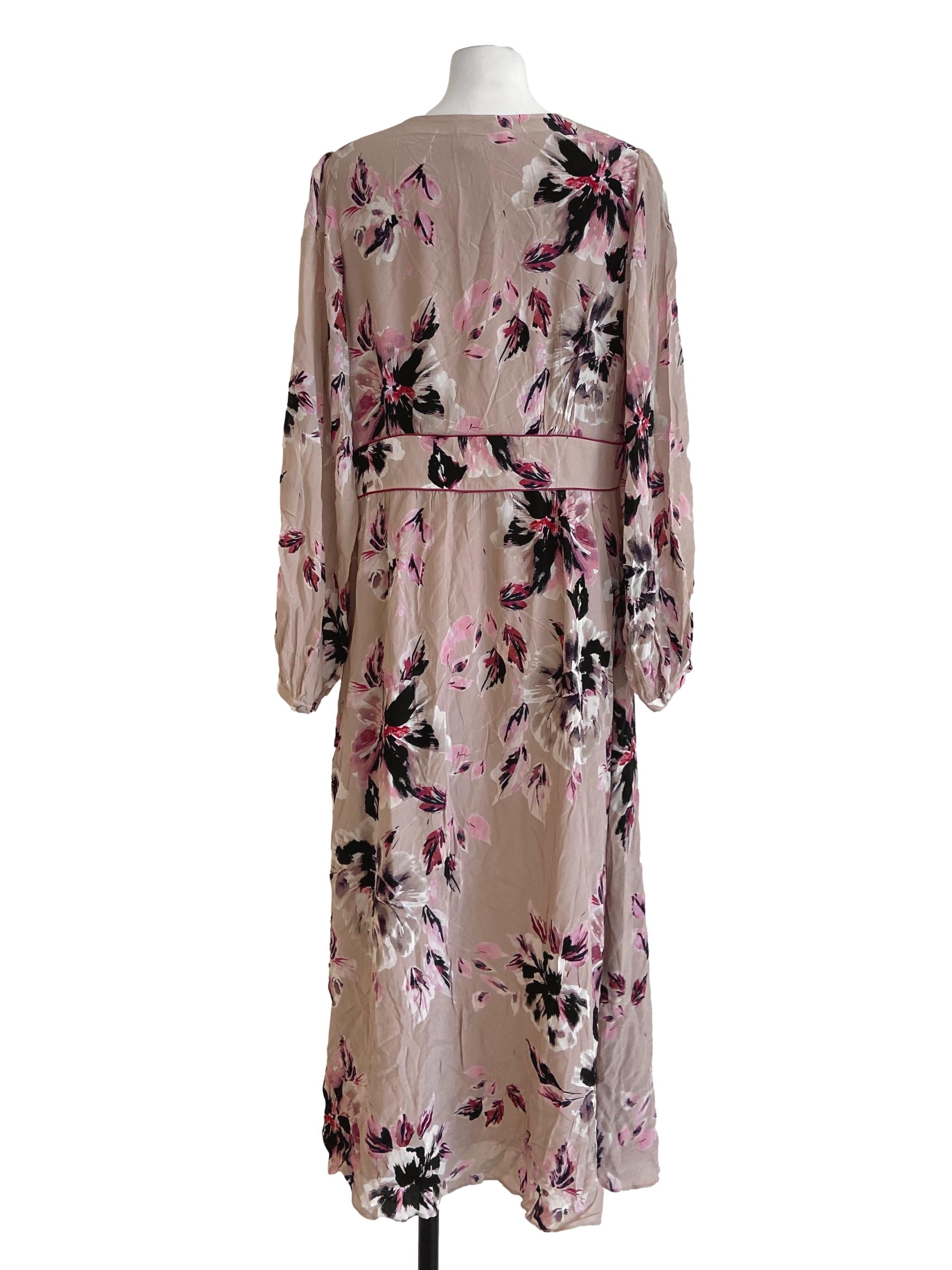 Linen Floral V Neck Button Down Dress