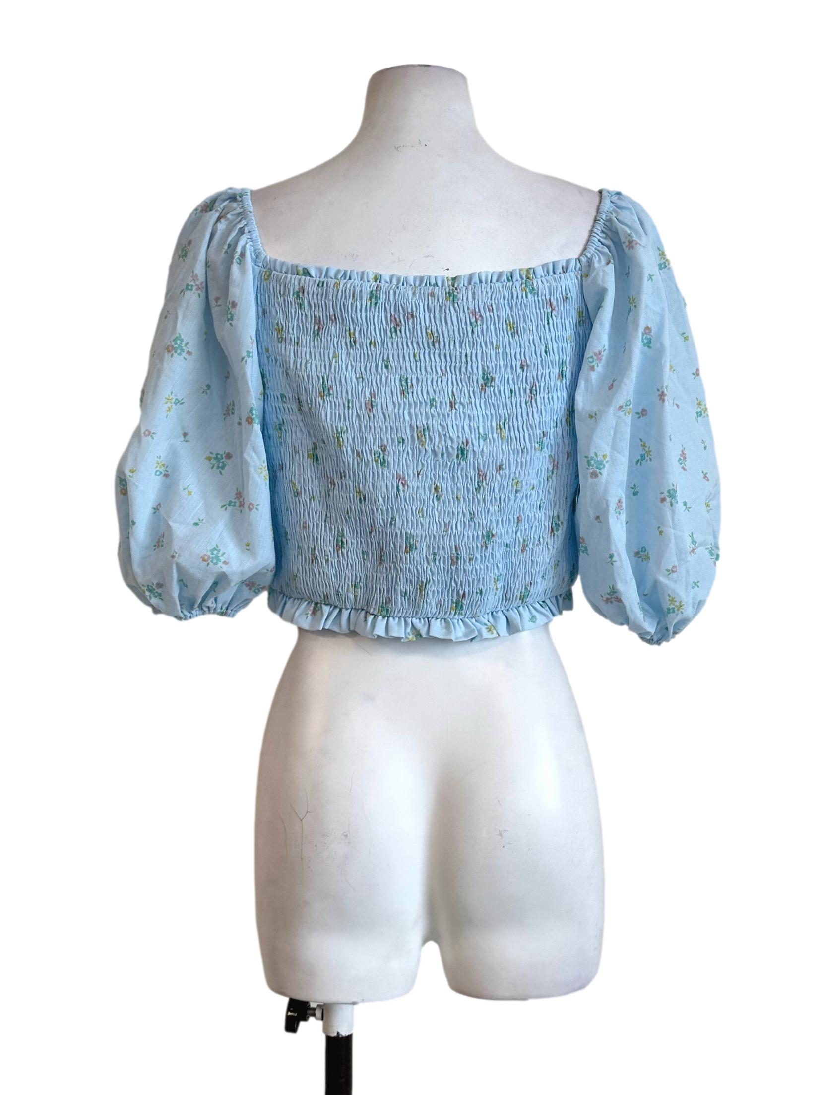 Sky Blue Flower Pattern Shirred Crop Top