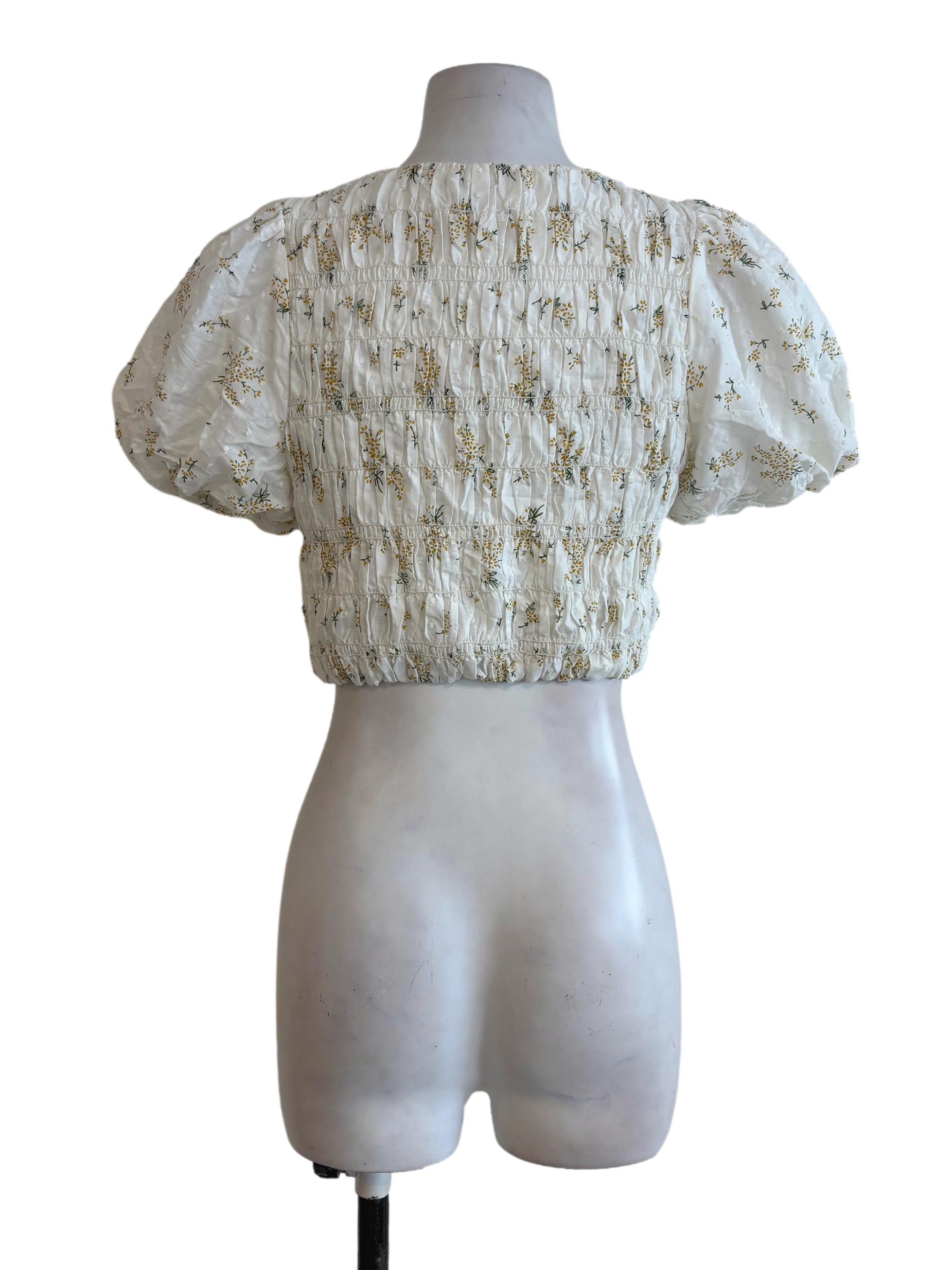 White Floral Smock Puffed Sleeves Crop Top