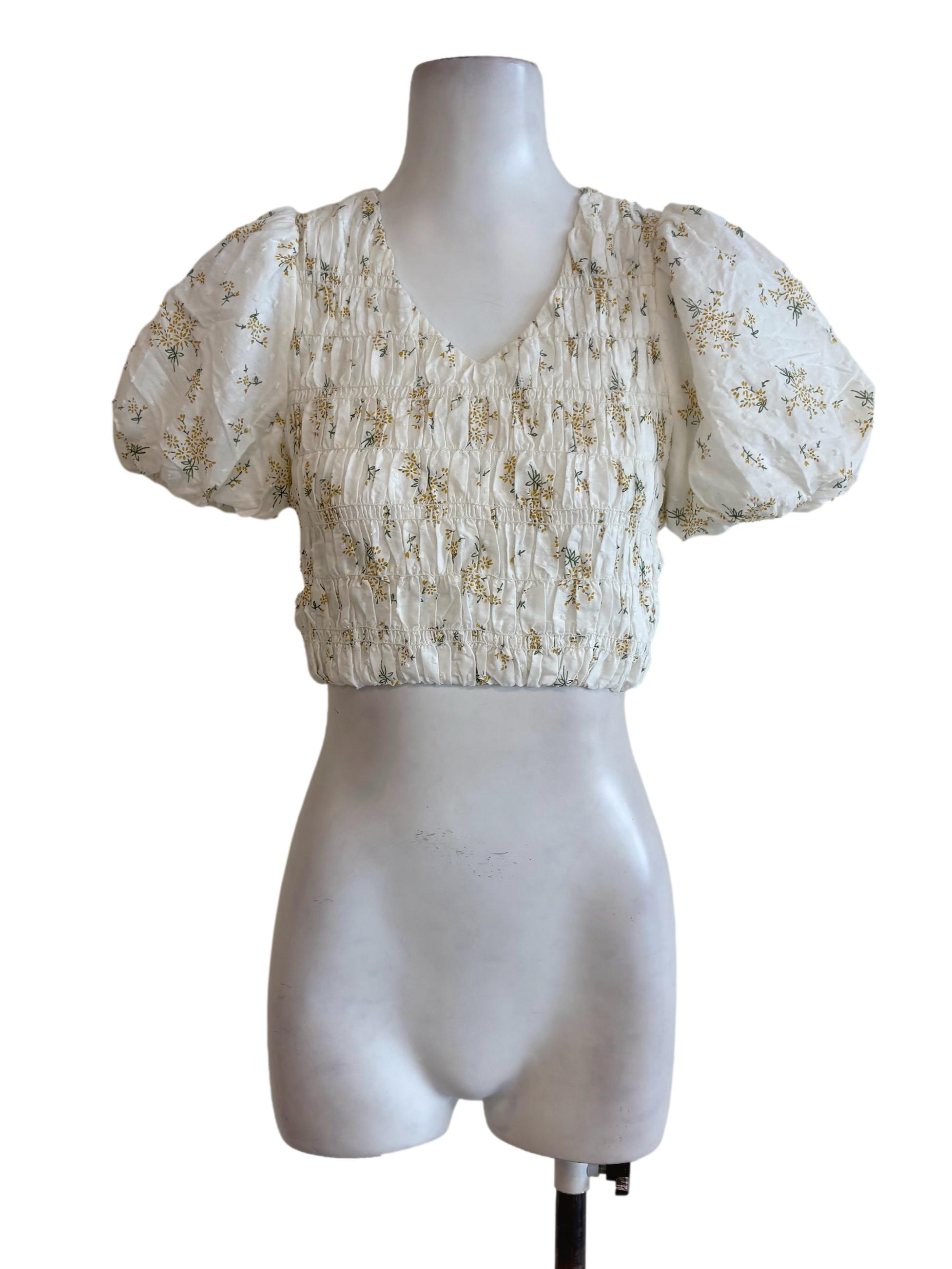 White Floral Smock Puffed Sleeves Crop Top
