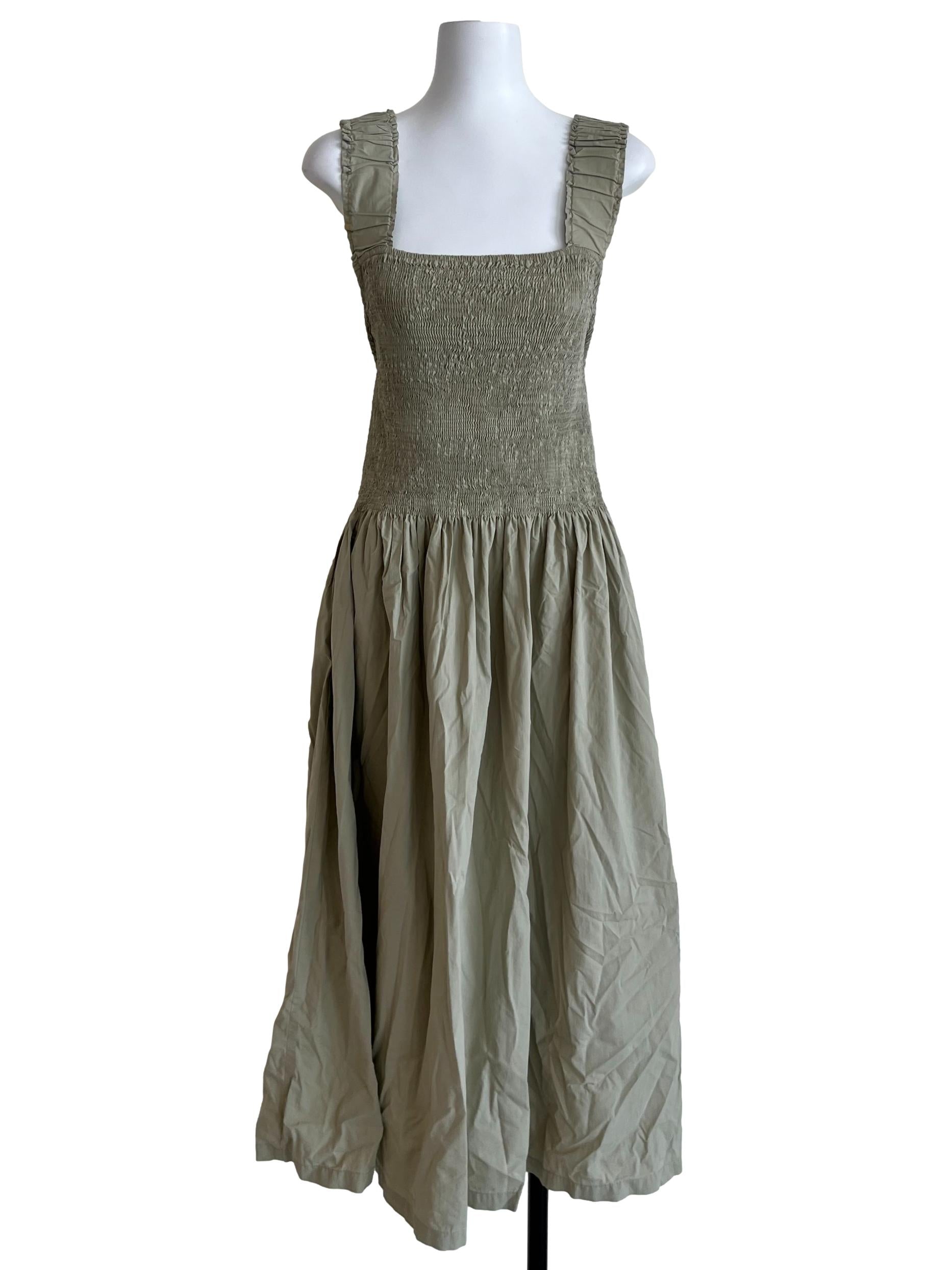 Olive Green Square Neckline Shirred Dress