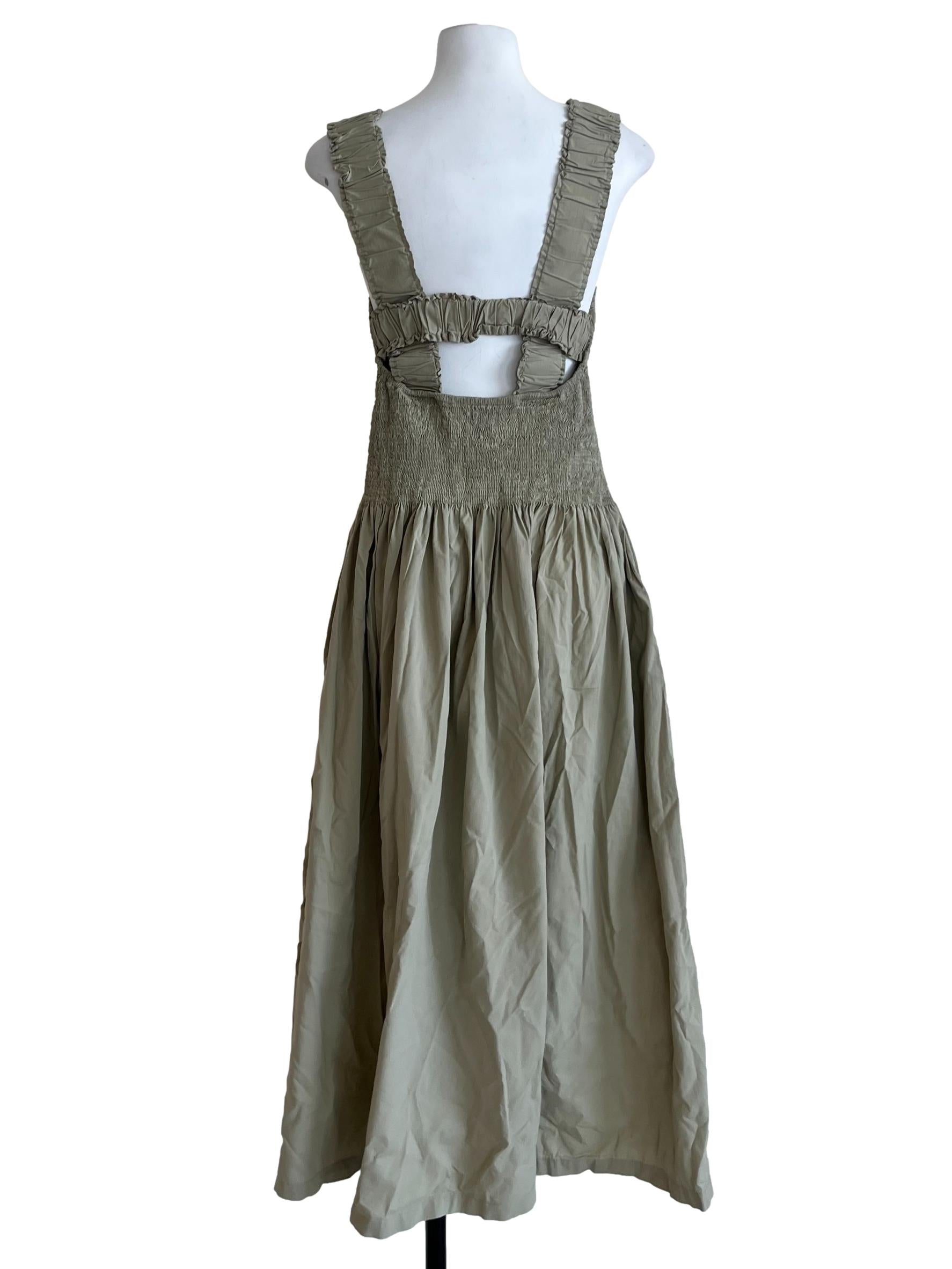 Olive Green Square Neckline Shirred Dress