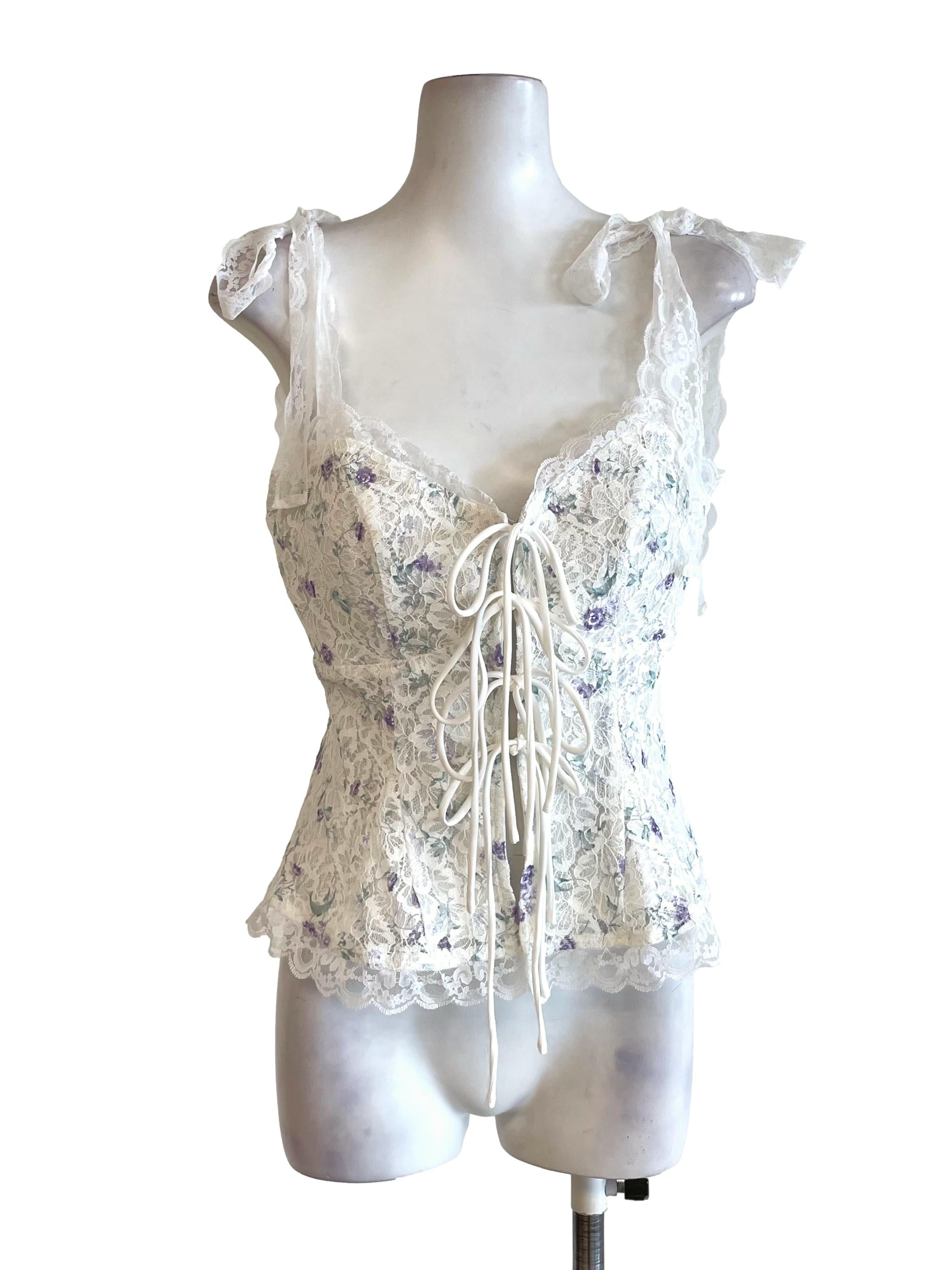 White Floral Lace Up Top YHF