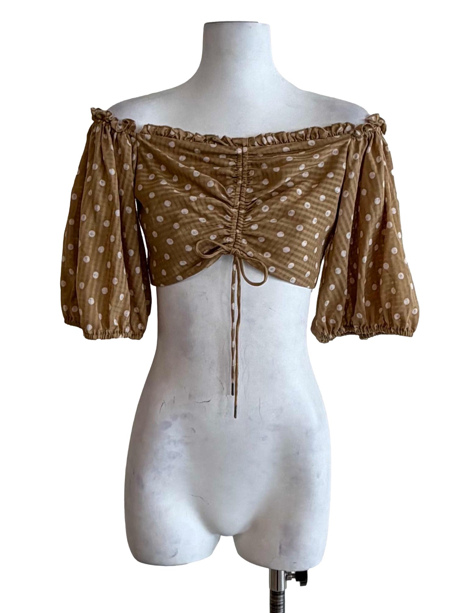 Mustard Yellow Polka Dot Puff Sleeve Crop Top
