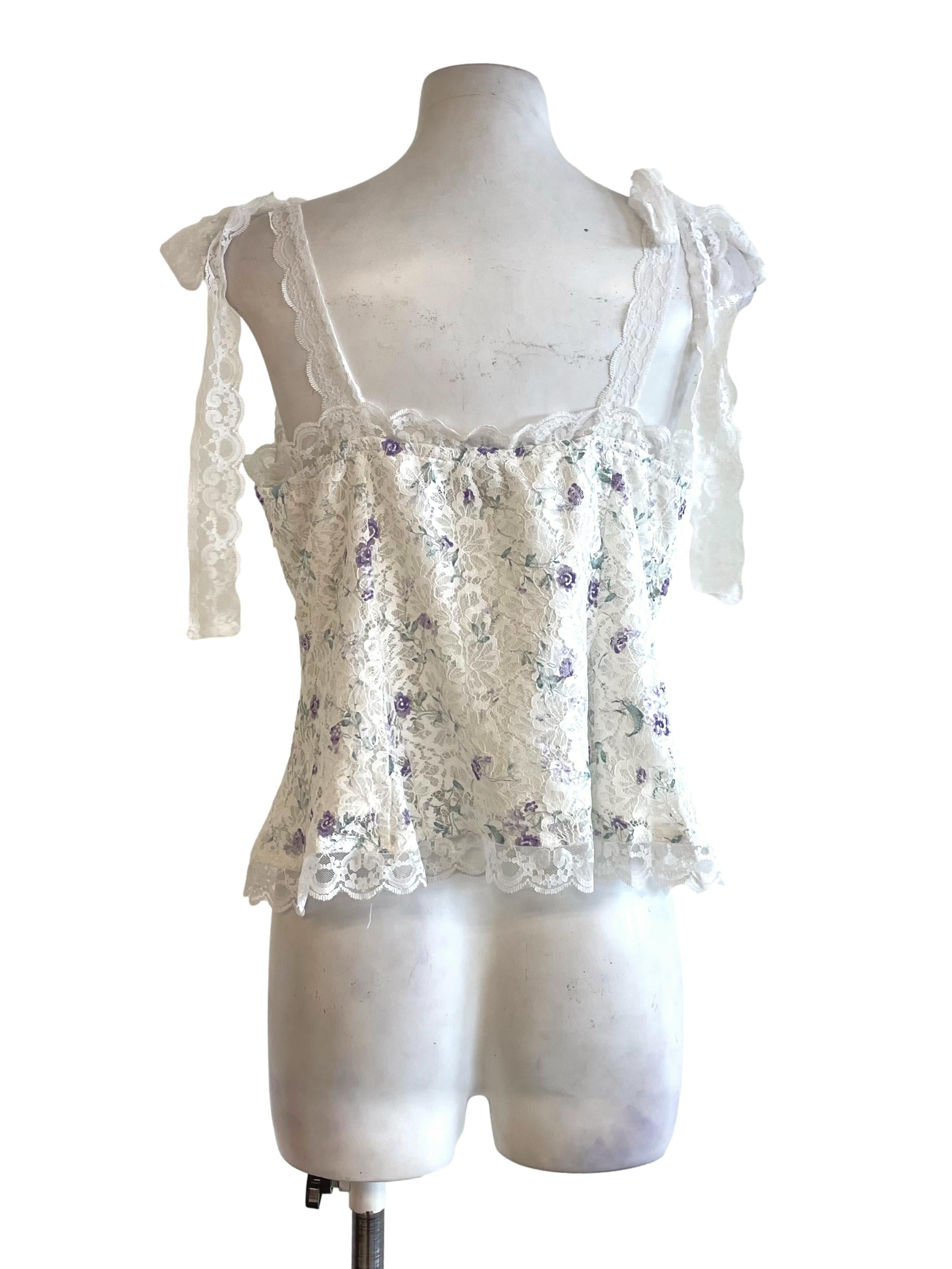 White Floral Lace Up Top YHF