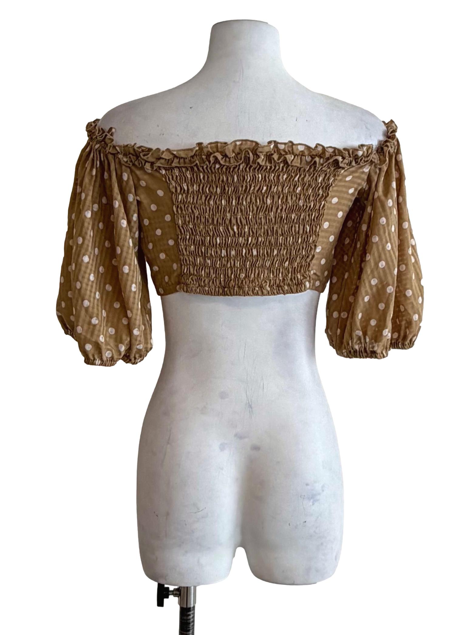 Mustard Yellow Polka Dot Puff Sleeve Crop Top