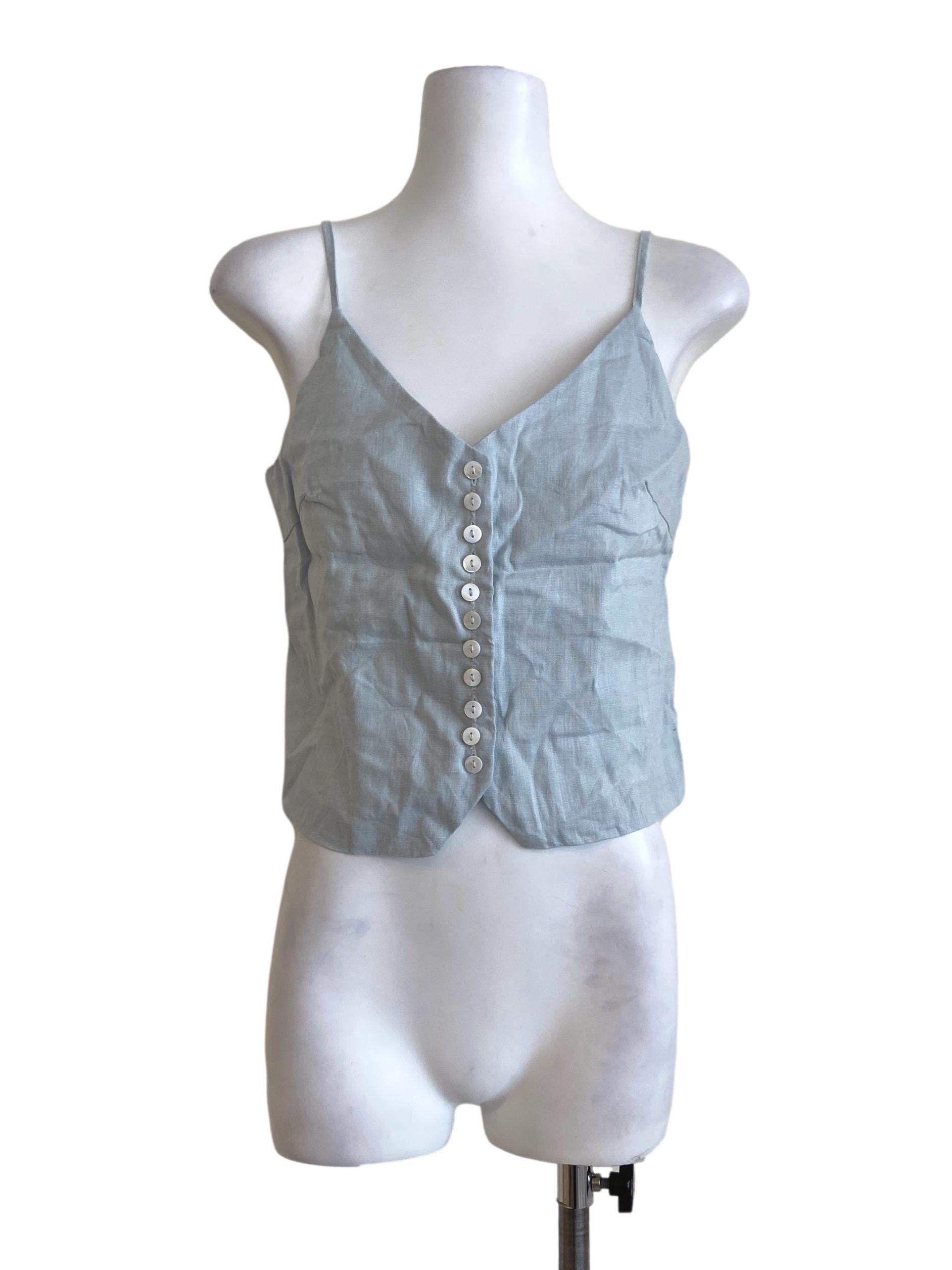 Frost Blue Sleeveless Button Down Top TEM