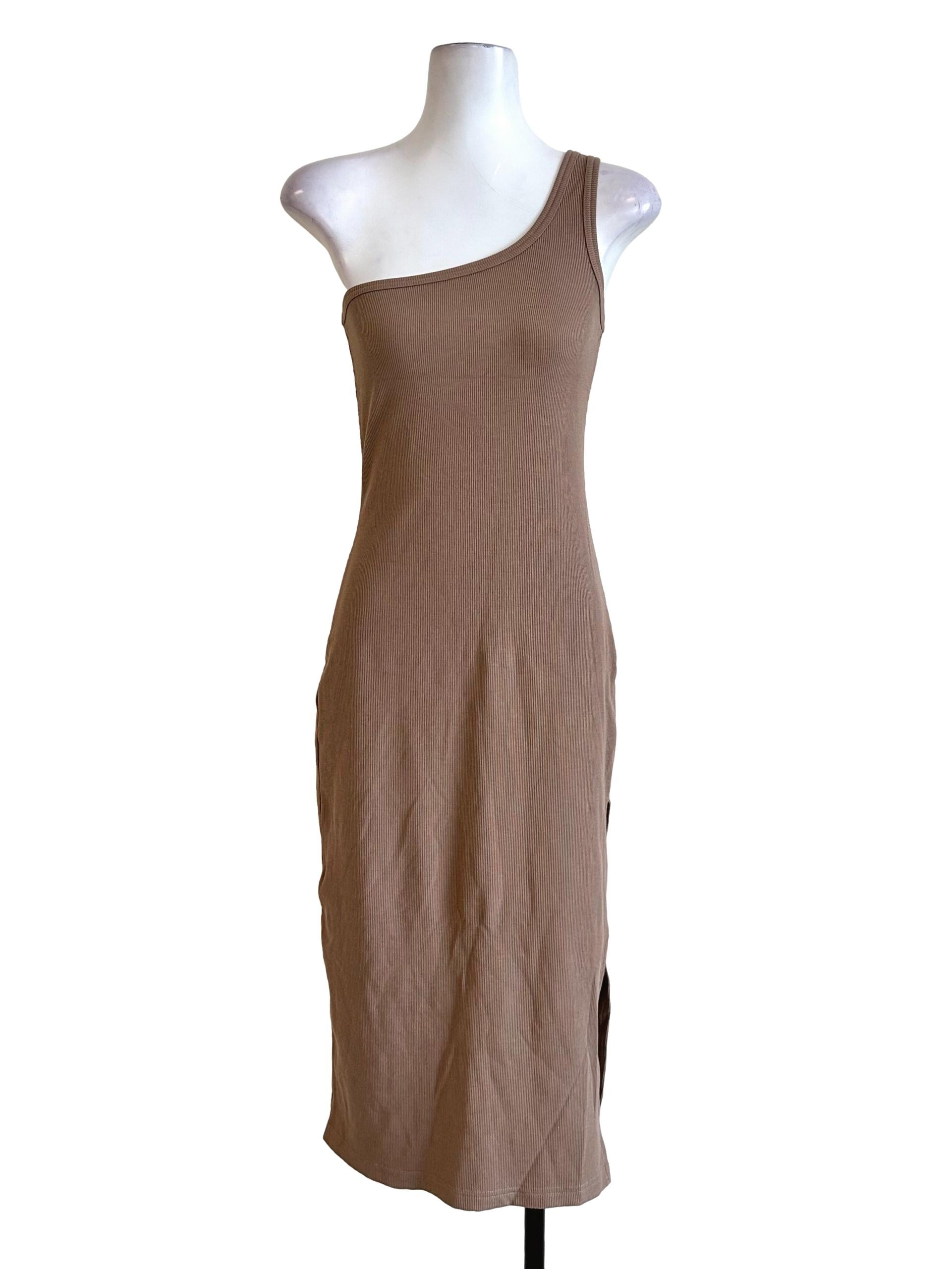 Peanut Brown Asymmetric Neck Dress