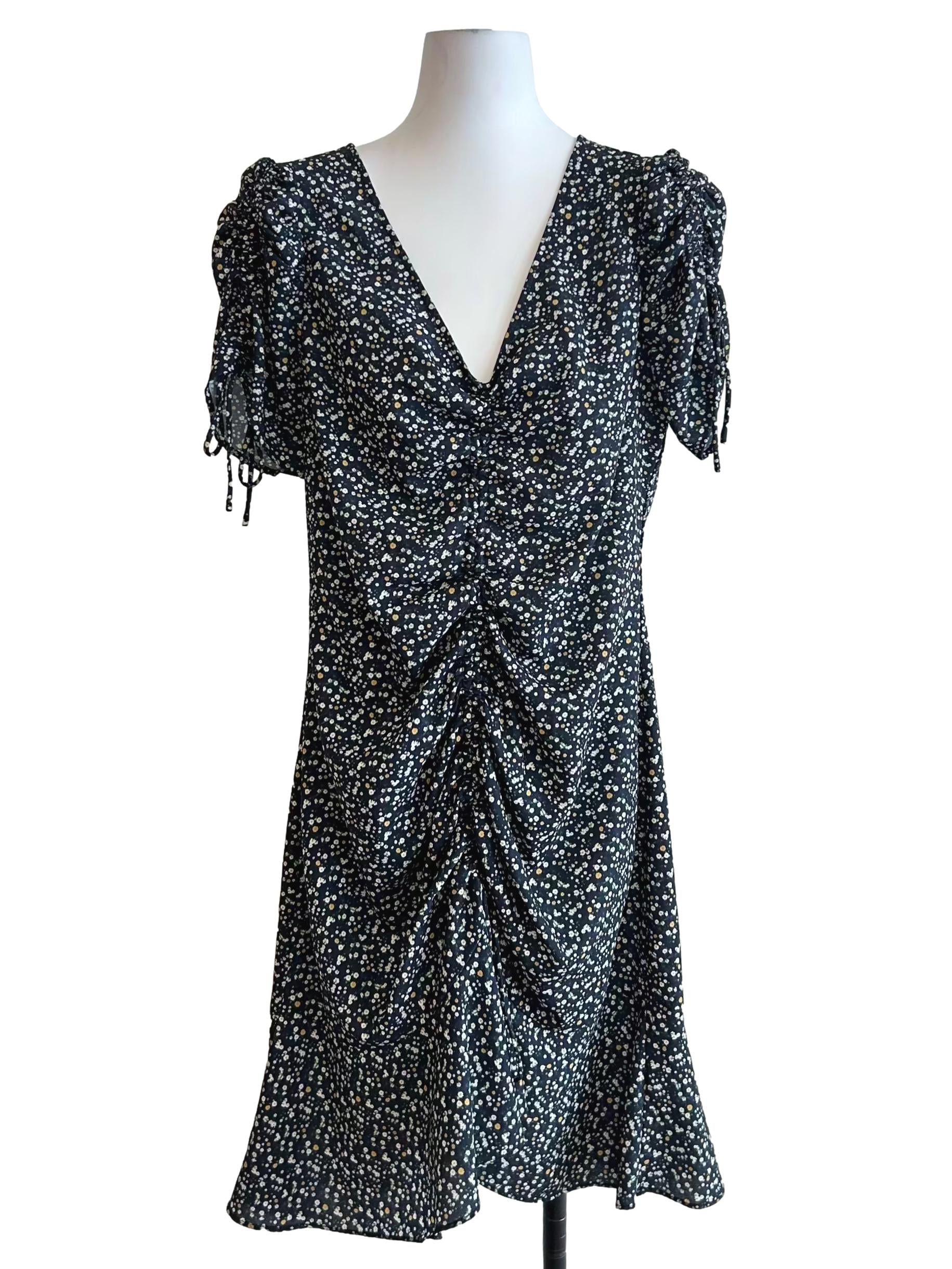 Black Ruched Floral Mini Dress