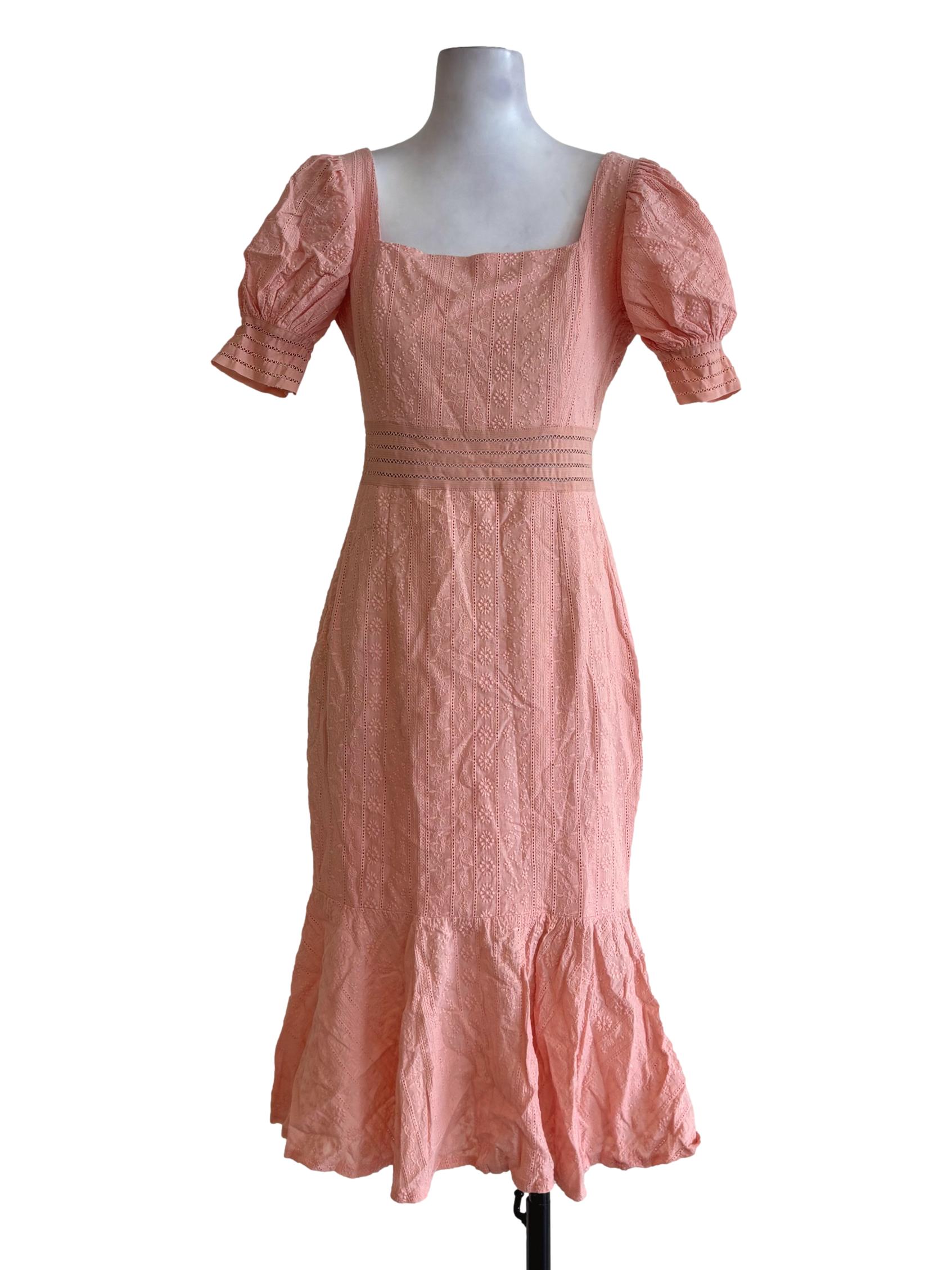 Peach Square Neck Embroidered Cotton Dress